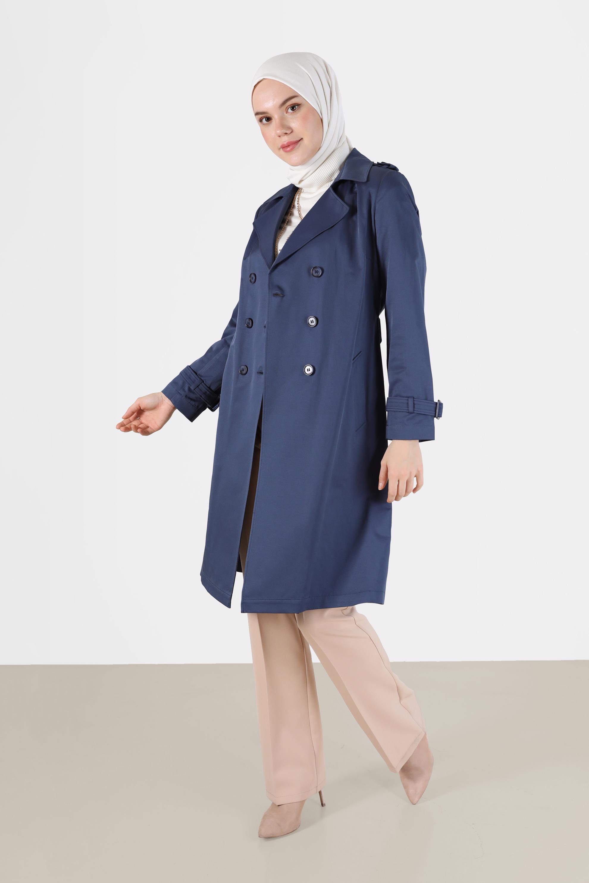 Tesettür giyim LACİVERT PAMUKLU DÜĞMELİ TRENÇKOT 10410