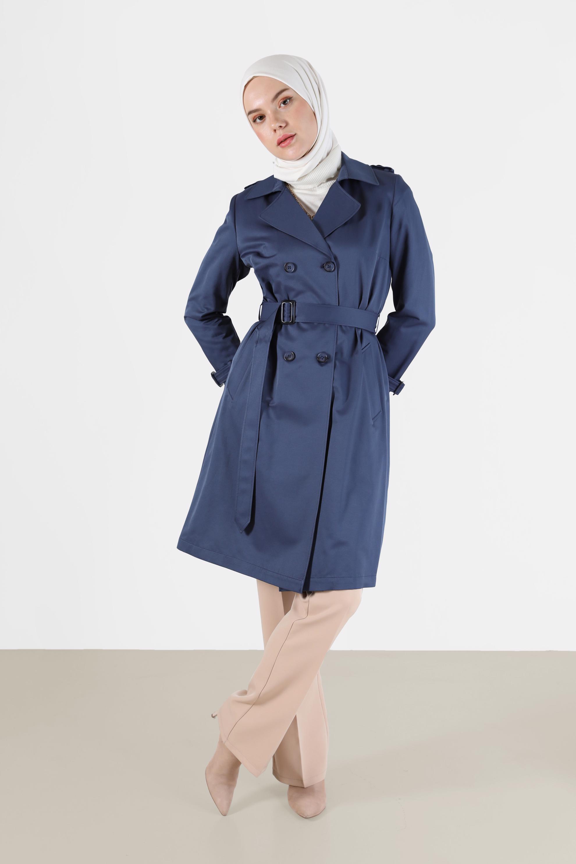 Tesettür giyim LACİVERT PAMUKLU DÜĞMELİ TRENÇKOT 10410