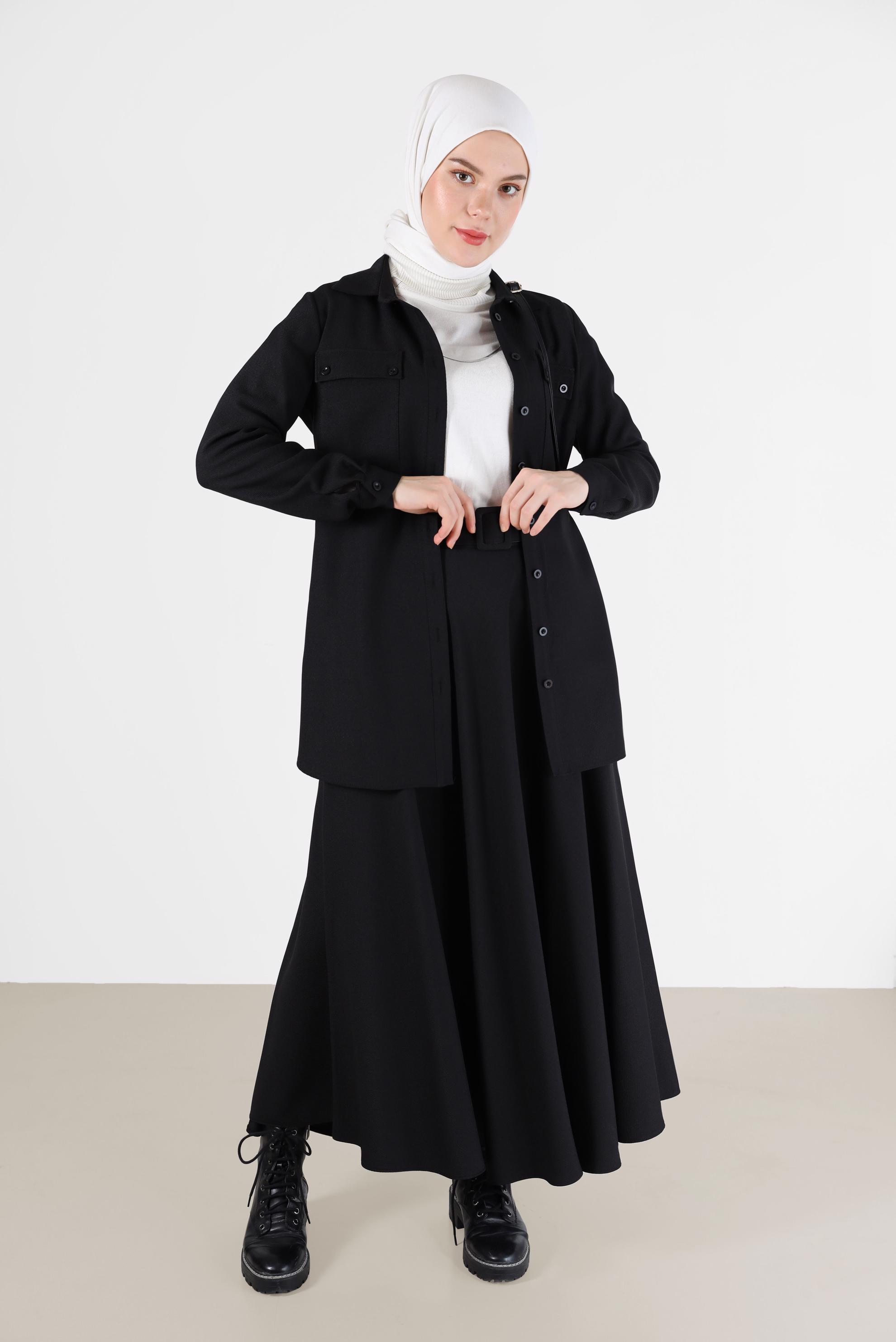 Vêtements hijab NOIR COSTUME JUPE 2 PIÈCES AVEC BOUTONNÉ DETAIL POCHE 42165