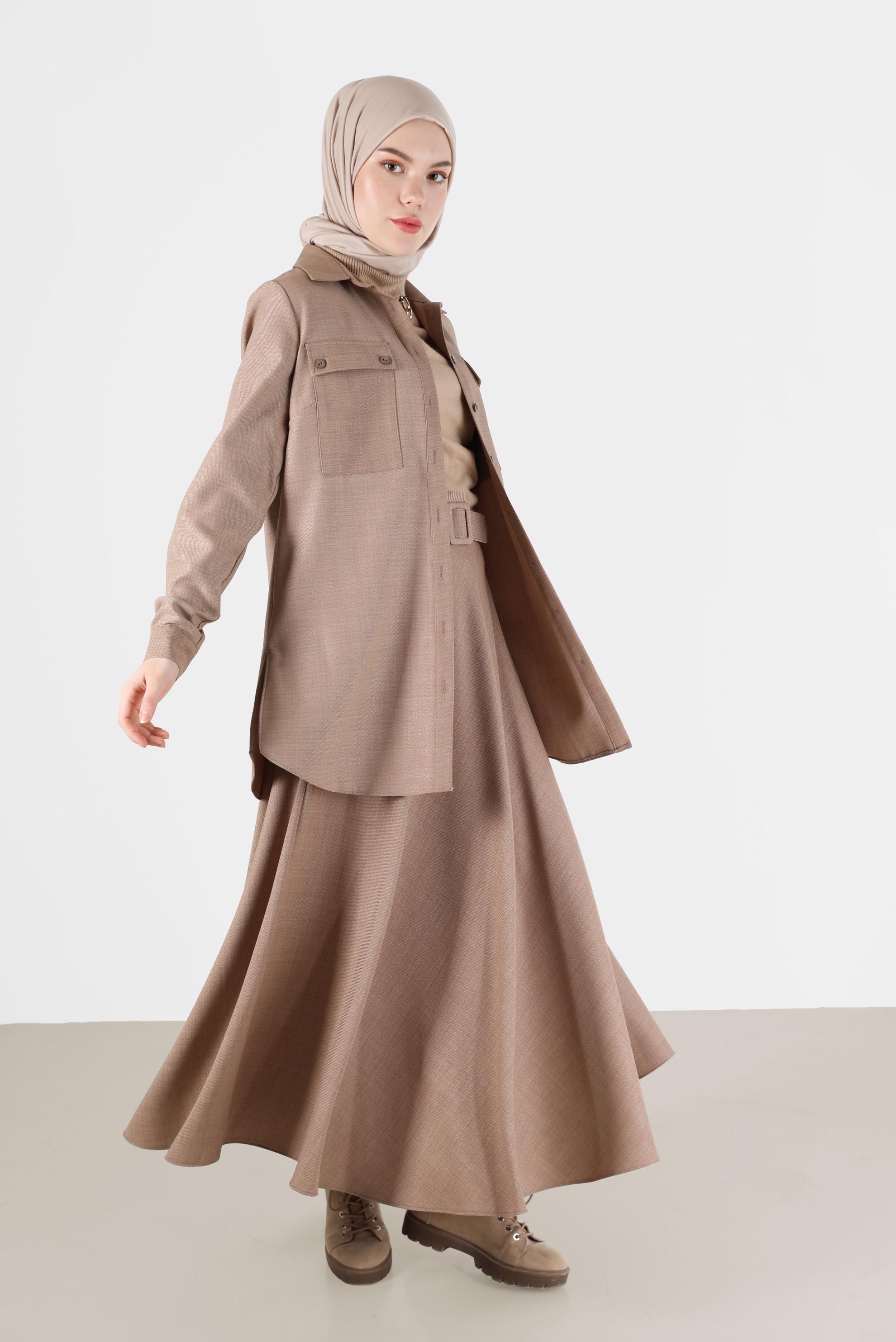 Tesettür giyim KAHVE DÜĞMELİ CEP DETAYLI İKİLİ ETEKLİ TAKIM 42165 