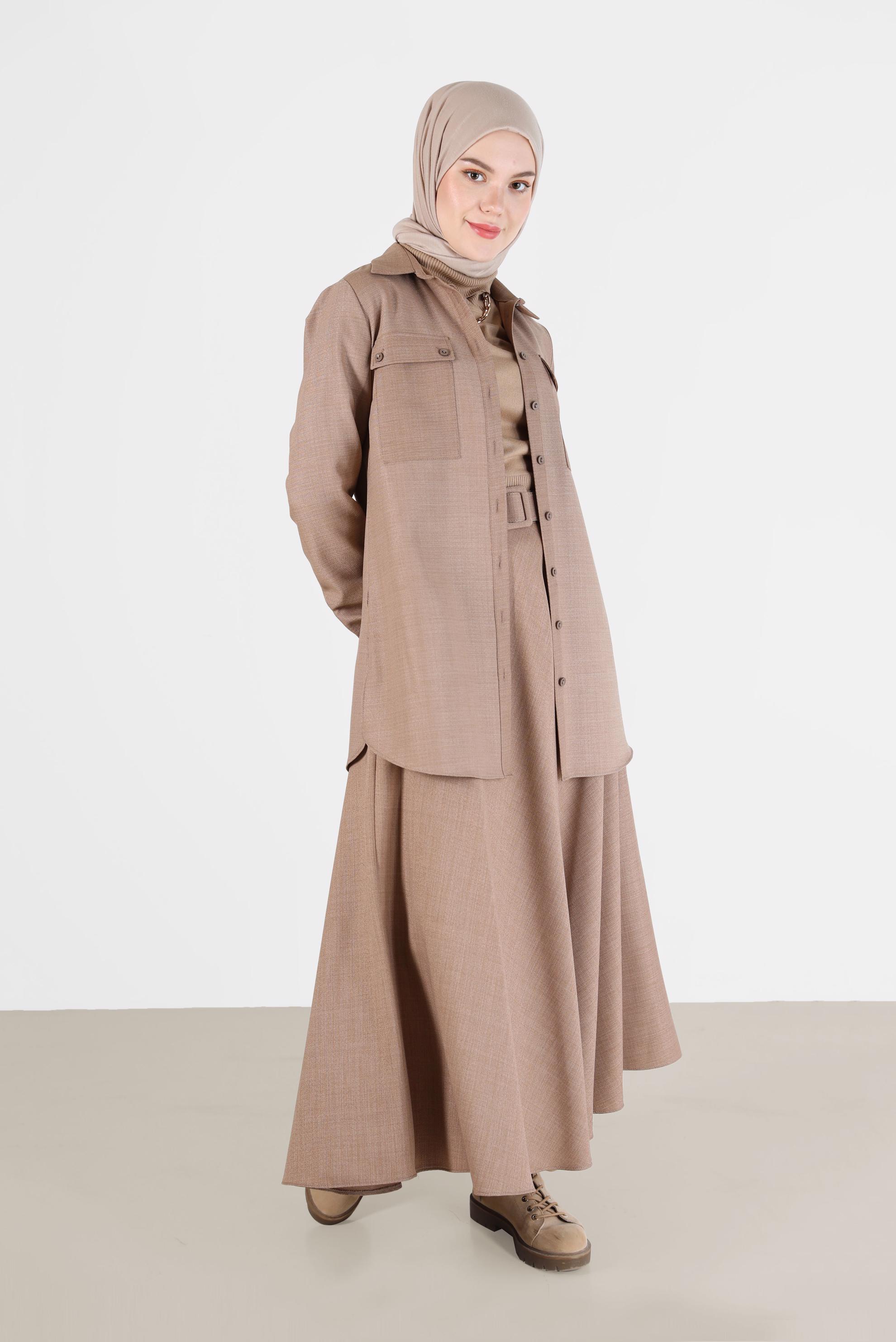 Tesettür giyim KAHVE DÜĞMELİ CEP DETAYLI İKİLİ ETEKLİ TAKIM 42165 