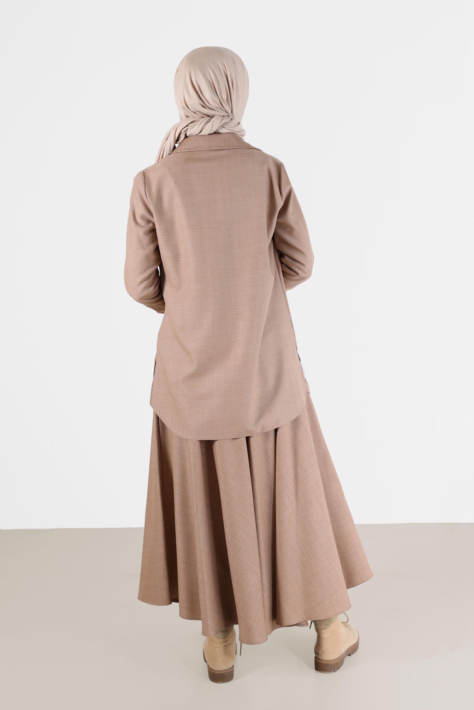 Tesettür giyim KAHVE DÜĞMELİ CEP DETAYLI İKİLİ ETEKLİ TAKIM 42165 