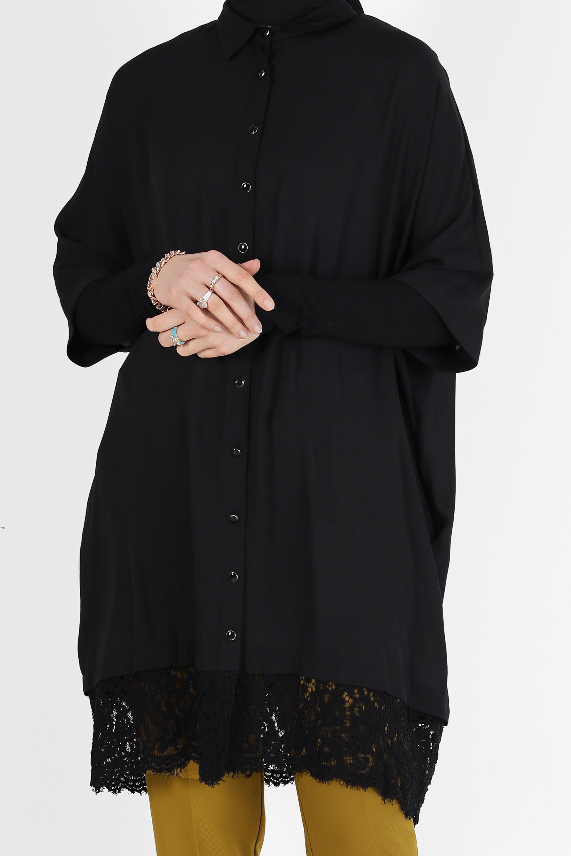 Tesettür giyim SİYAH ETEK UCU GÜPÜR DETAYLI TUNİK 4122 