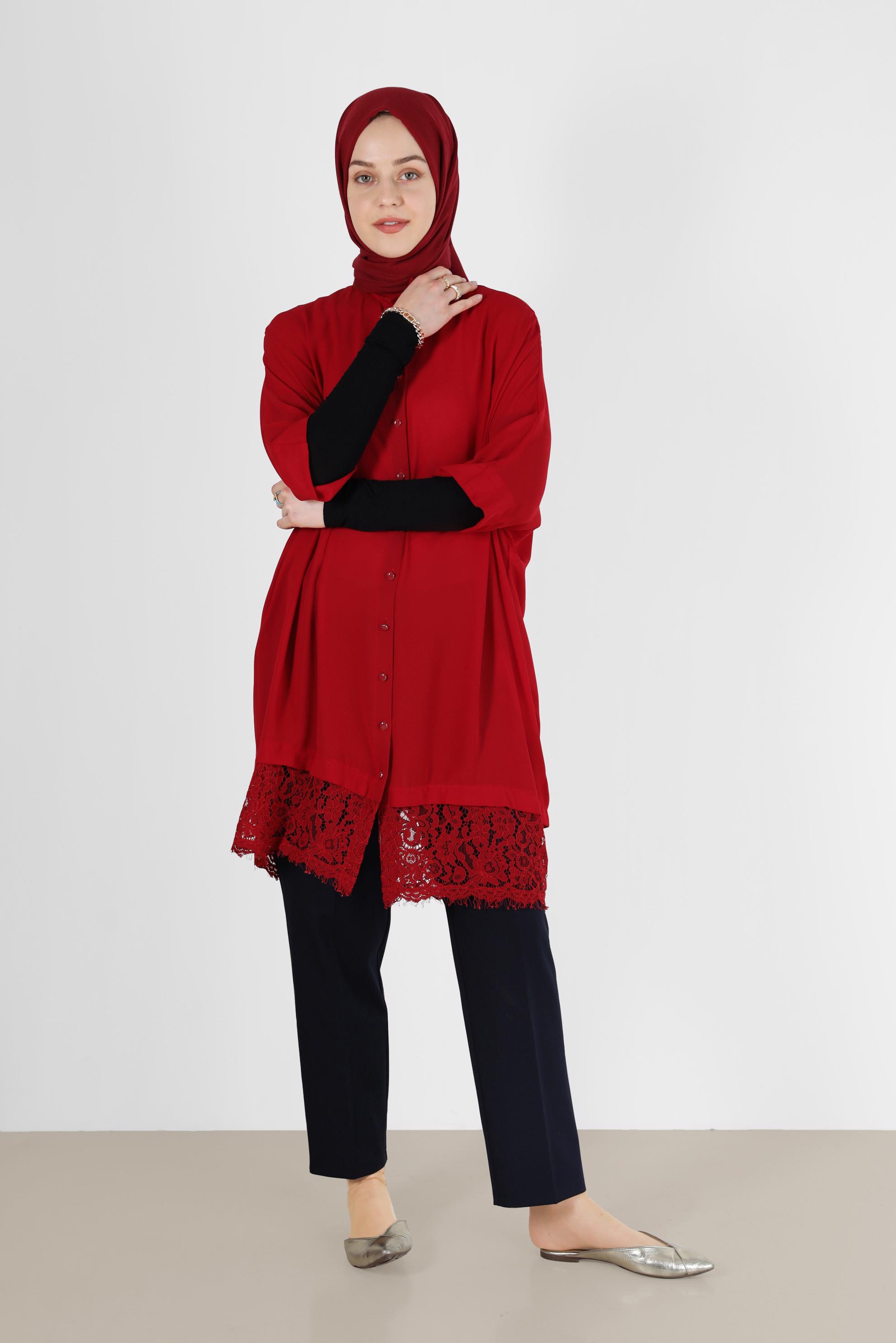 Tesettür giyim KIRMIZI ETEK UCU GÜPÜR DETAYLI TUNİK 4122 
