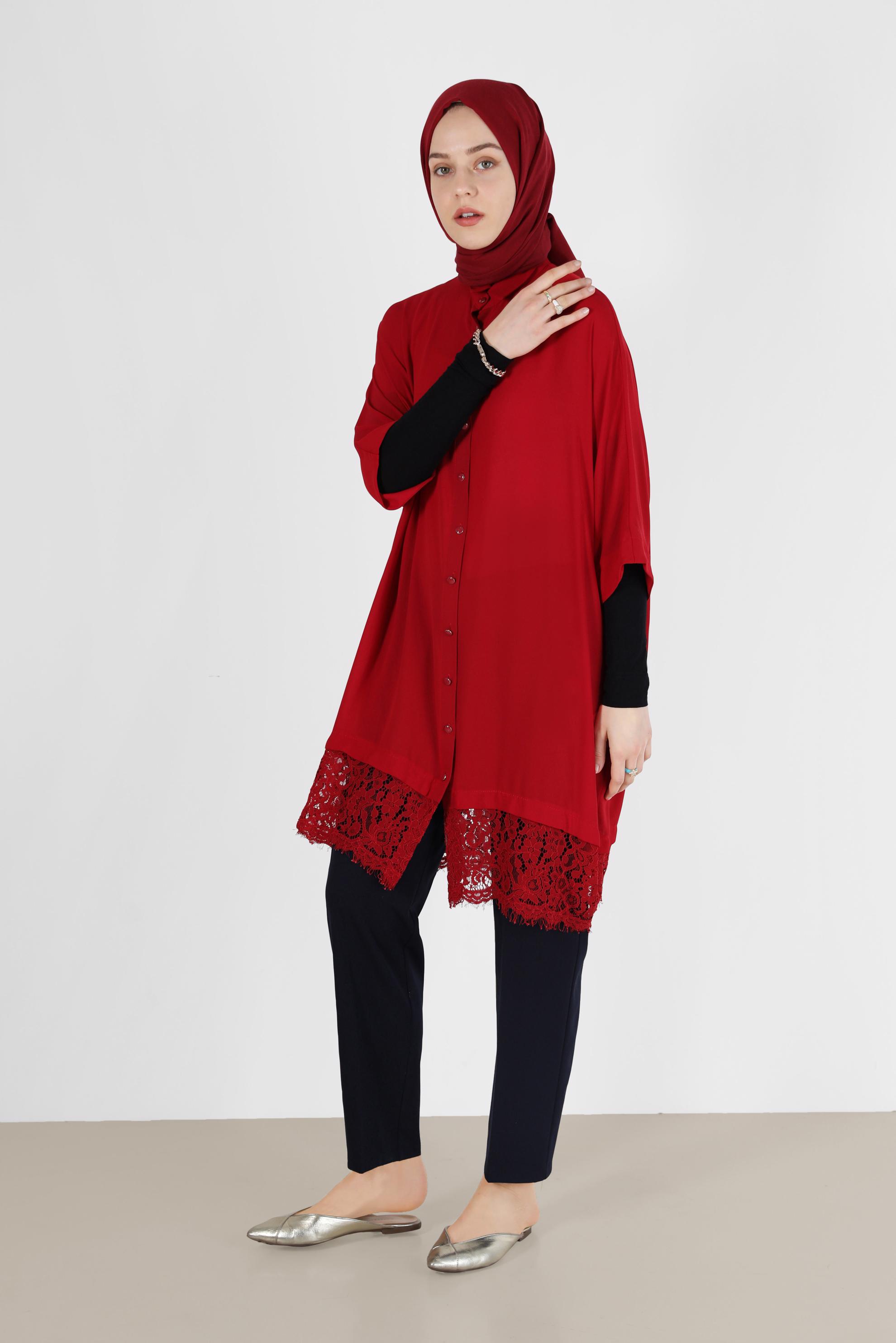 Tesettür giyim KIRMIZI ETEK UCU GÜPÜR DETAYLI TUNİK 4122 