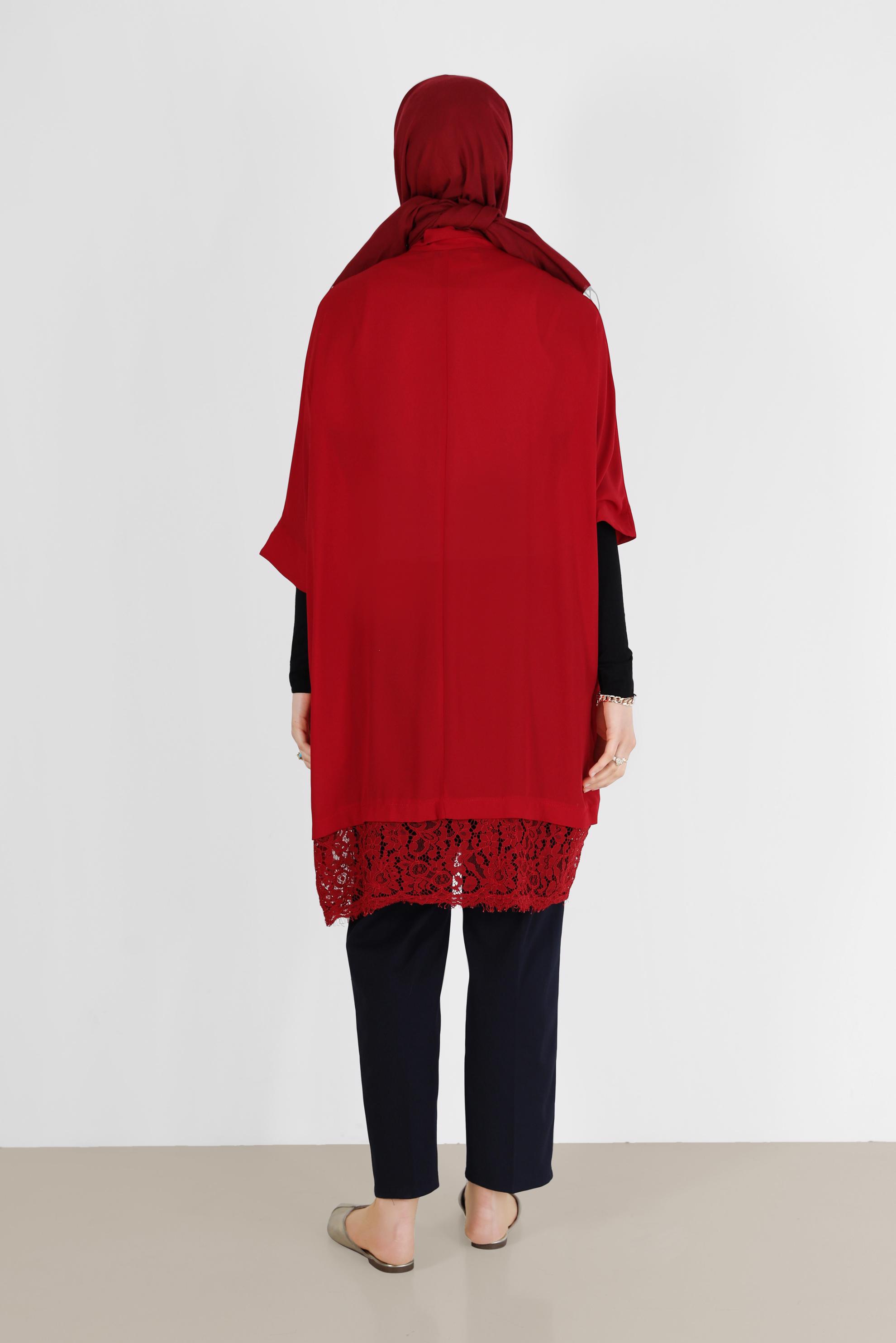 Tesettür giyim KIRMIZI ETEK UCU GÜPÜR DETAYLI TUNİK 4122 