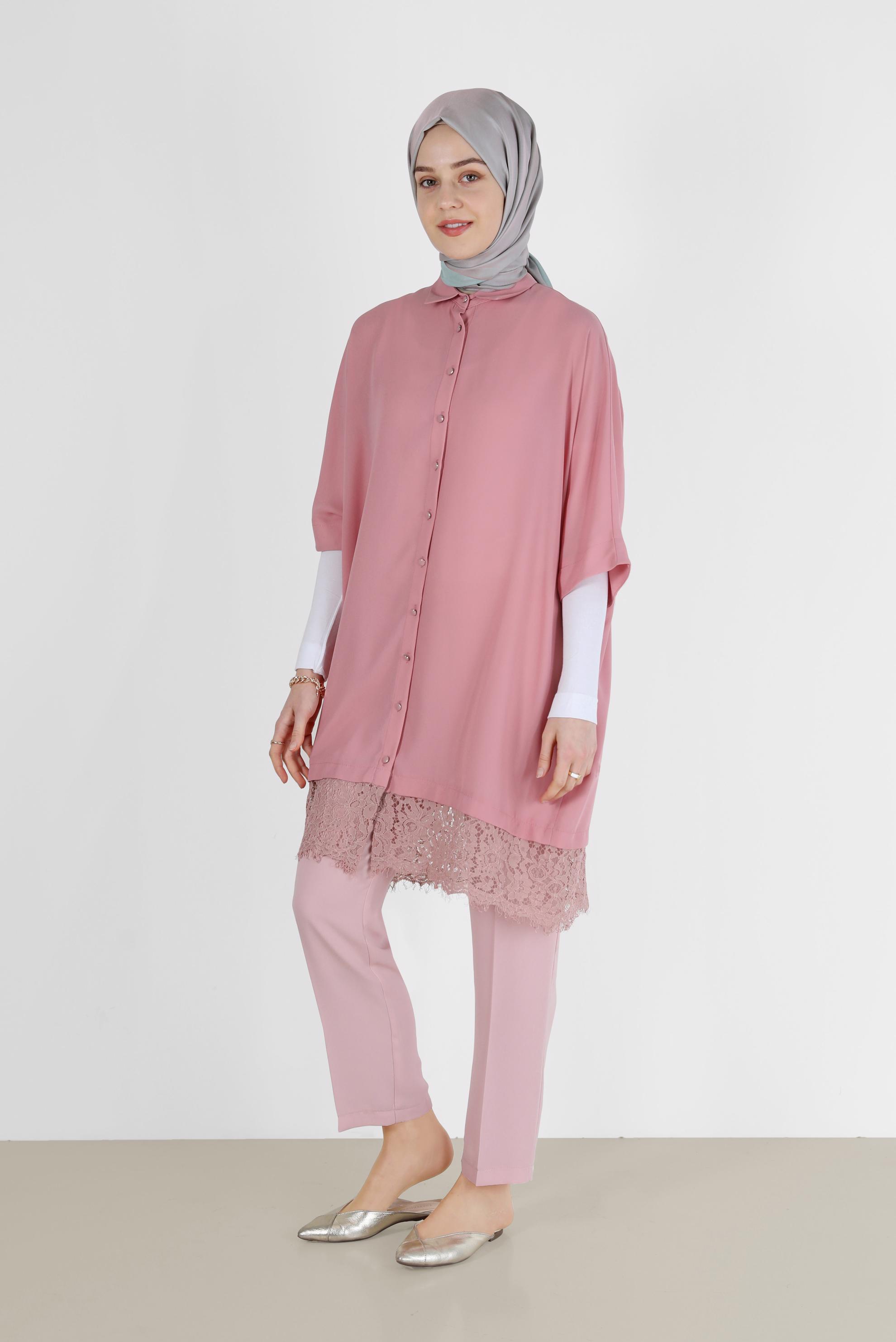 Tesettür giyim PUDRA ETEK UCU GÜPÜR DETAYLI TUNİK 4122 