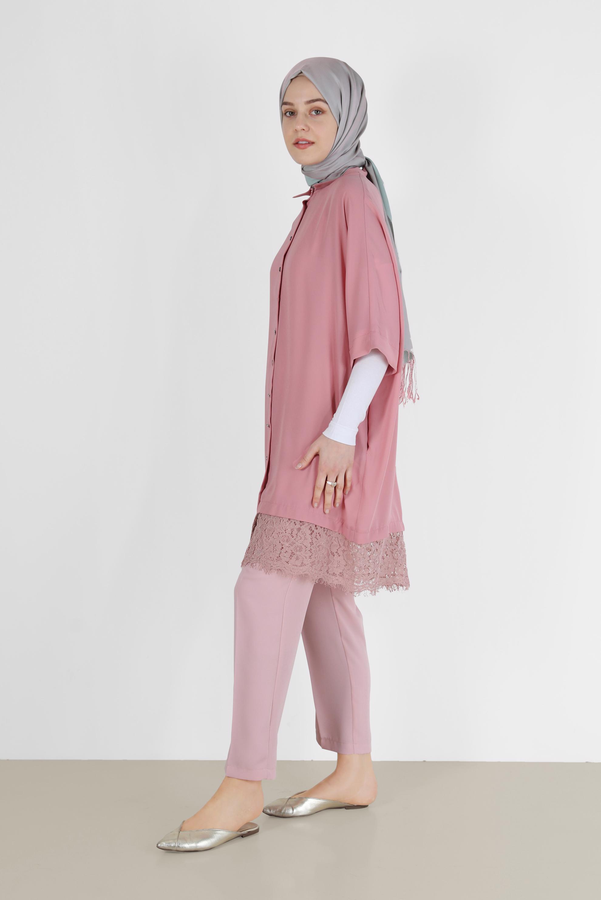 Tesettür giyim PUDRA ETEK UCU GÜPÜR DETAYLI TUNİK 4122 