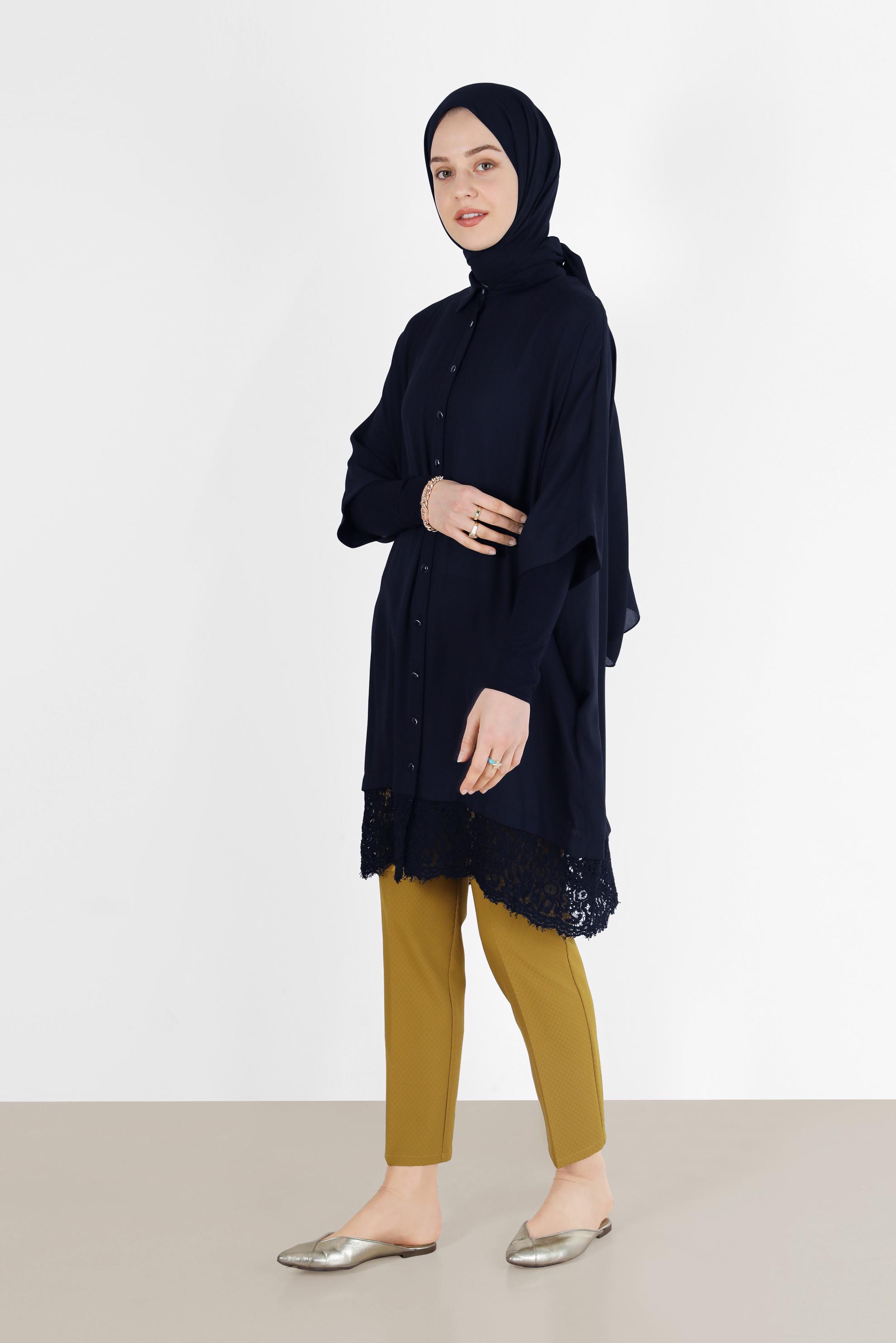 Tesettür giyim LACİVERT ETEK UCU GÜPÜR DETAYLI TUNİK 4122 