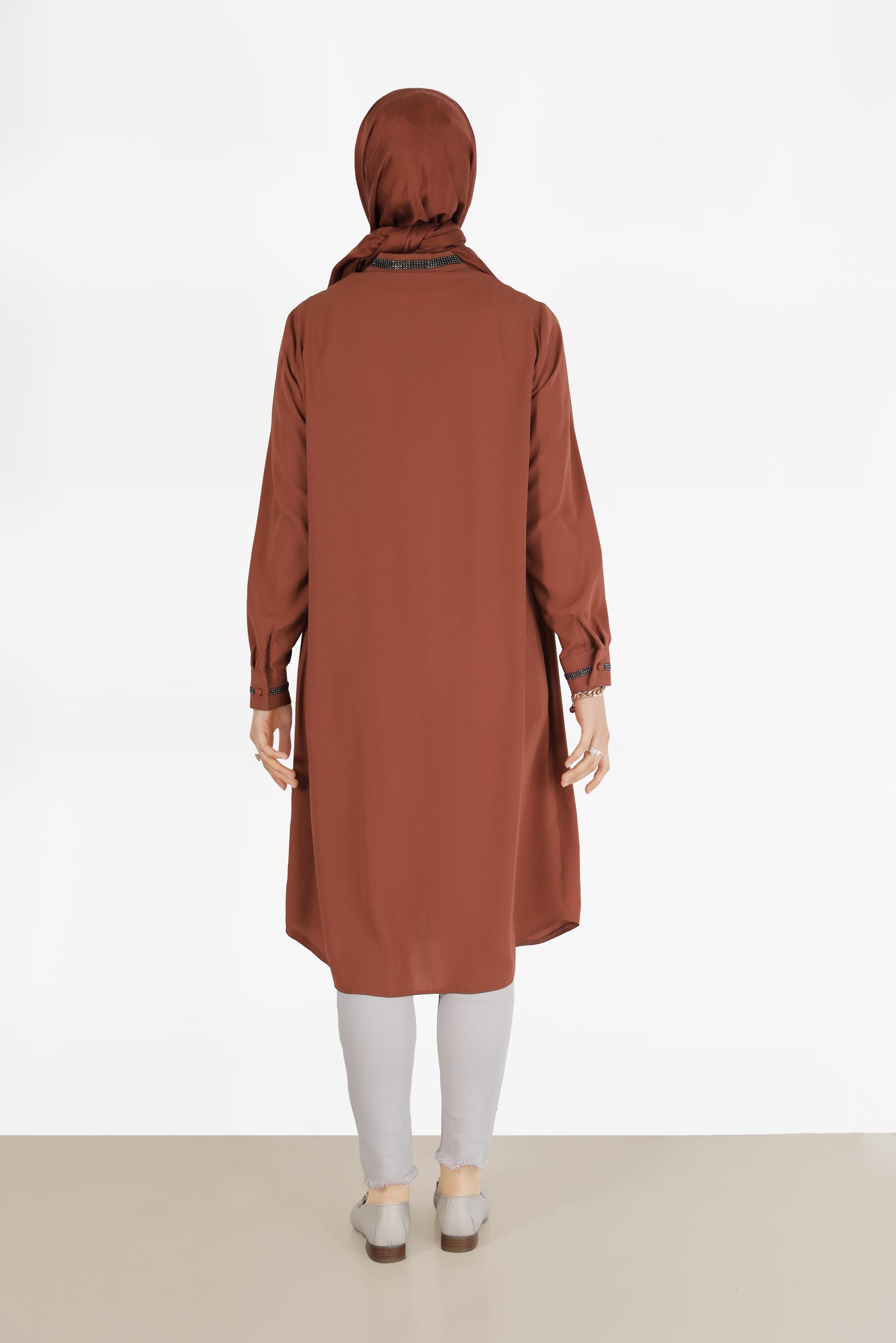 Tesettür giyim TURUNCU MANŞETİ VE YAKASI TAŞLI TUNİK 4913