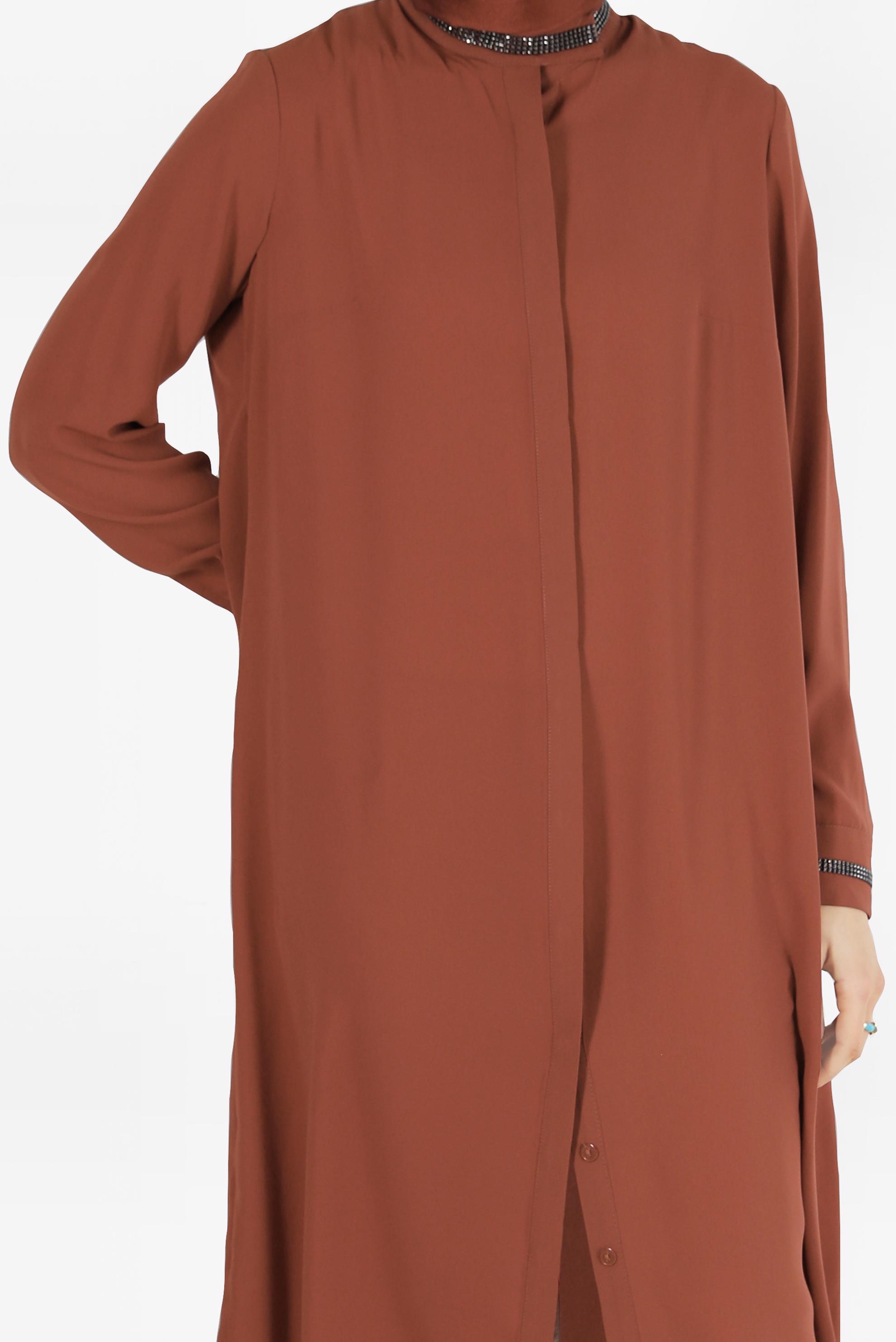Tesettür giyim TURUNCU MANŞETİ VE YAKASI TAŞLI TUNİK 4913