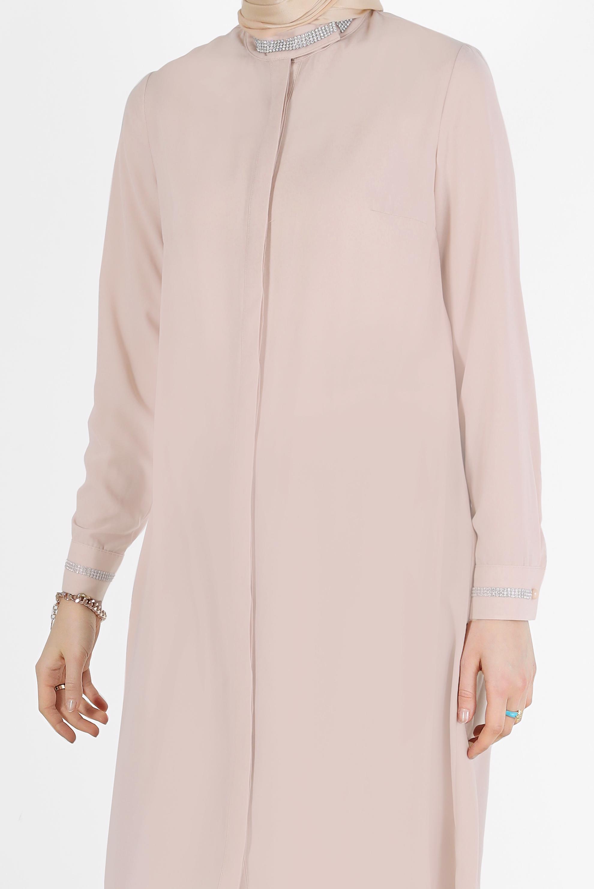 Tesettür giyim PUDRA MANŞETİ VE YAKASI TAŞLI TUNİK 4913