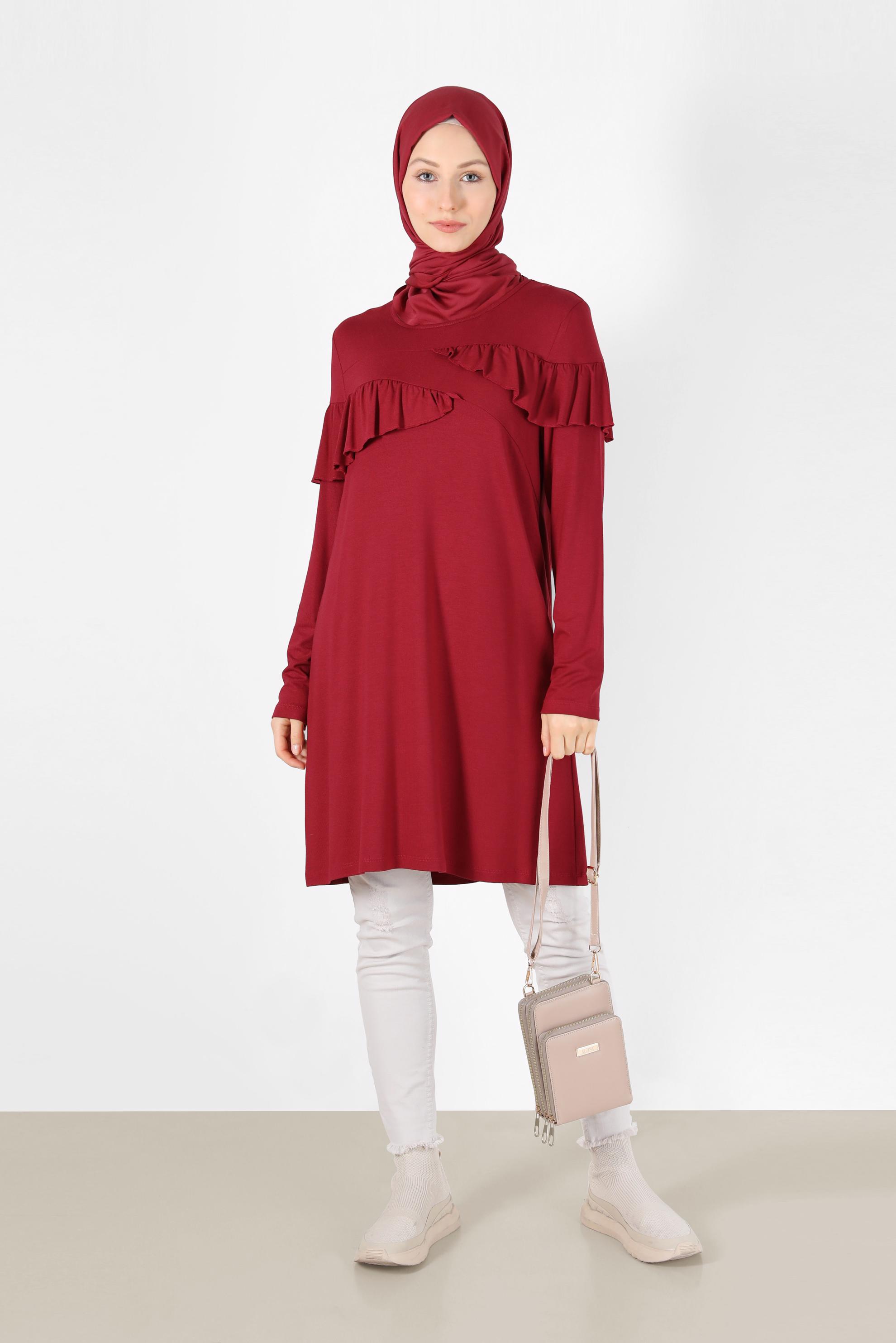 Tesettür giyim KIRMIZI FIRFIR DETAYLI TUNİK 41231 