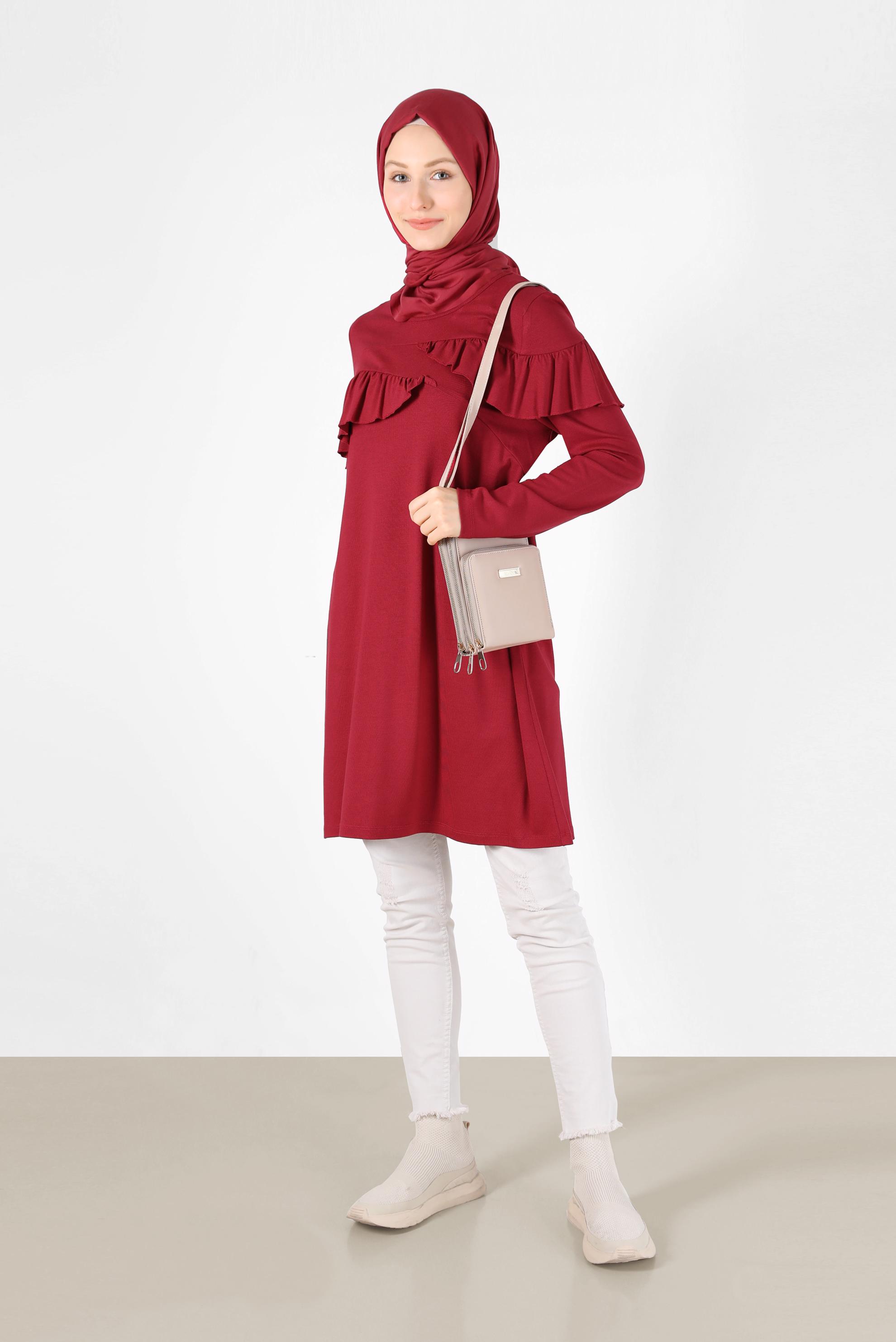 Tesettür giyim KIRMIZI FIRFIR DETAYLI TUNİK 41231 