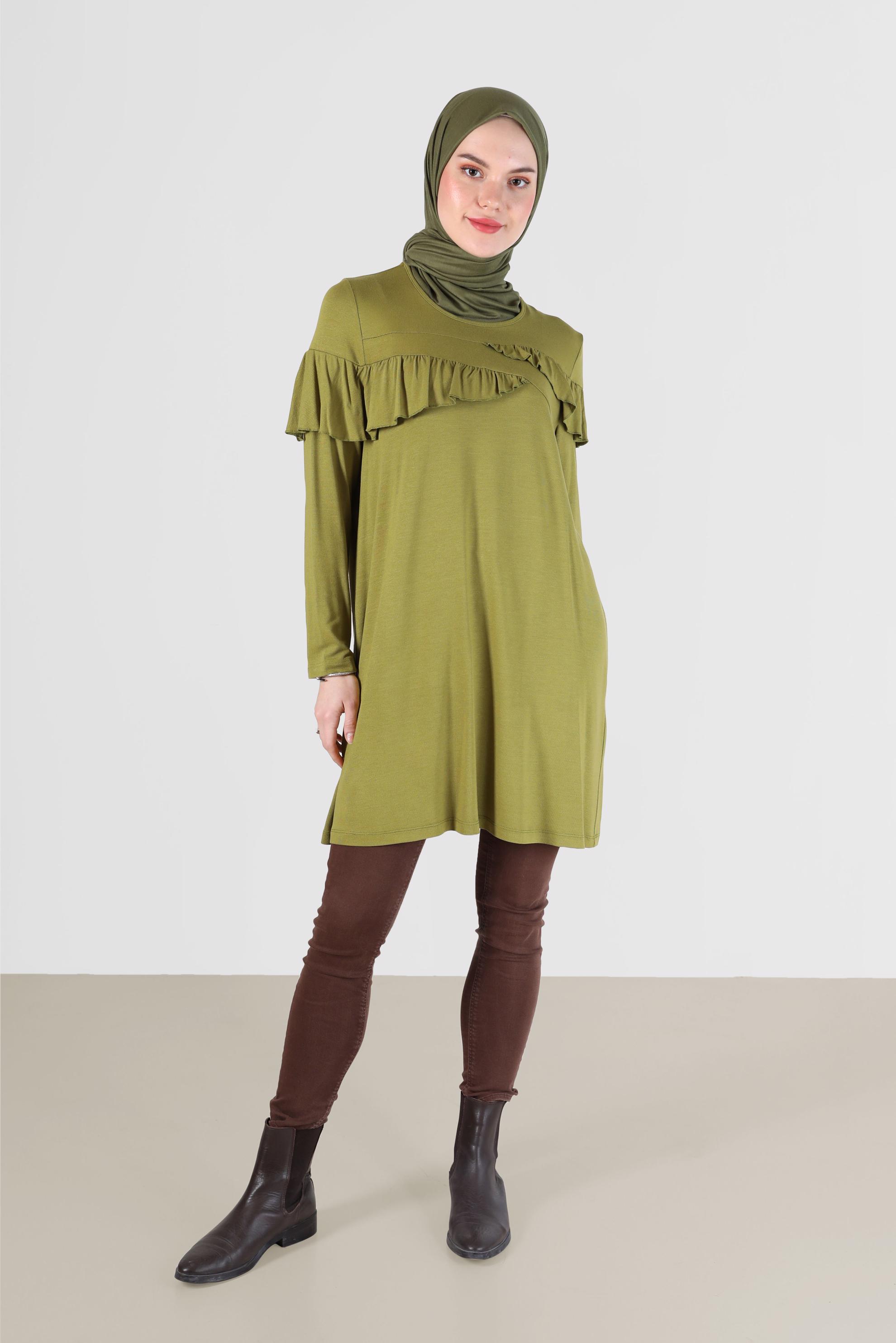 Tesettür giyim YEŞİL FIRFIR DETAYLI TUNİK 41231 