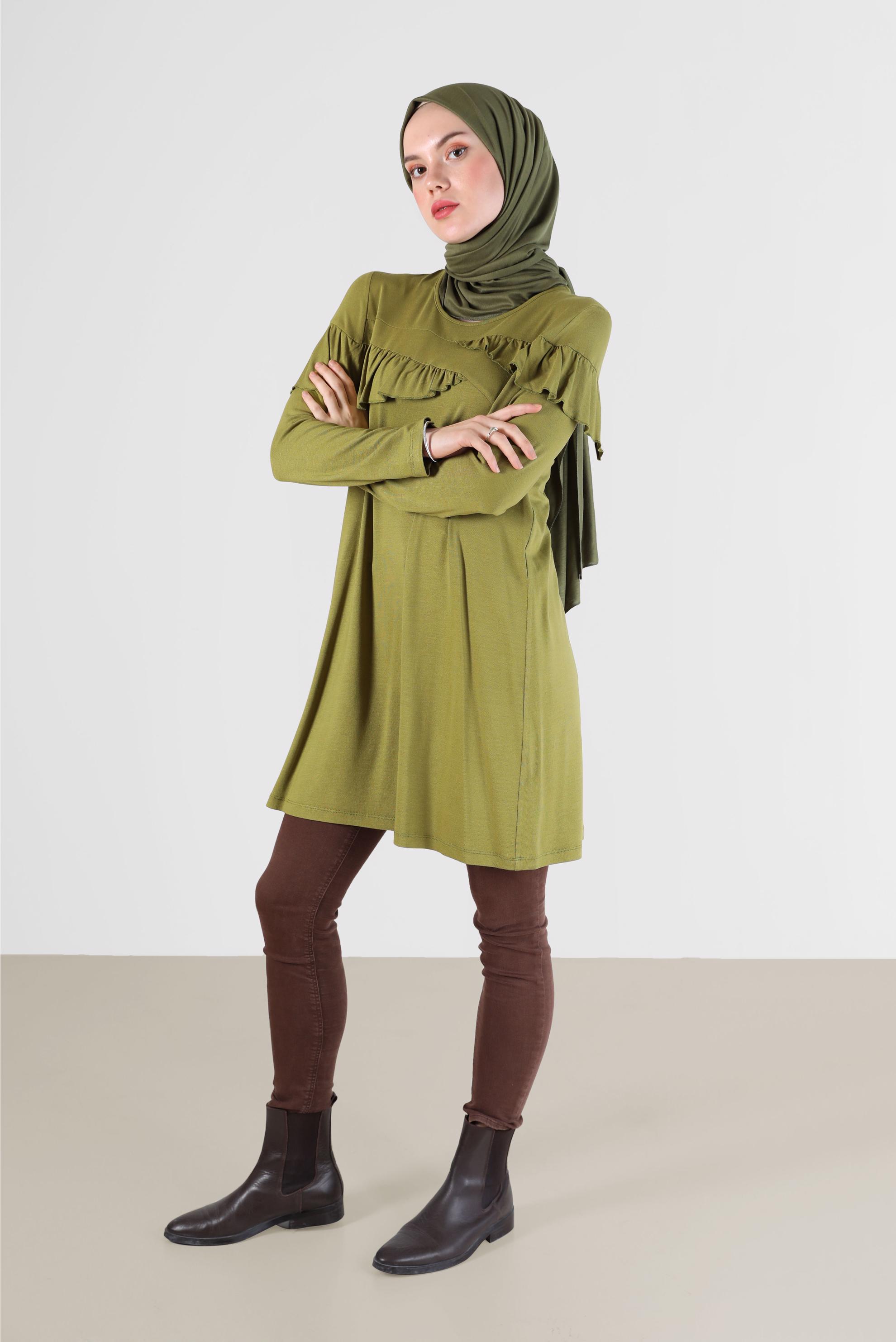 Tesettür giyim YEŞİL FIRFIR DETAYLI TUNİK 41231 