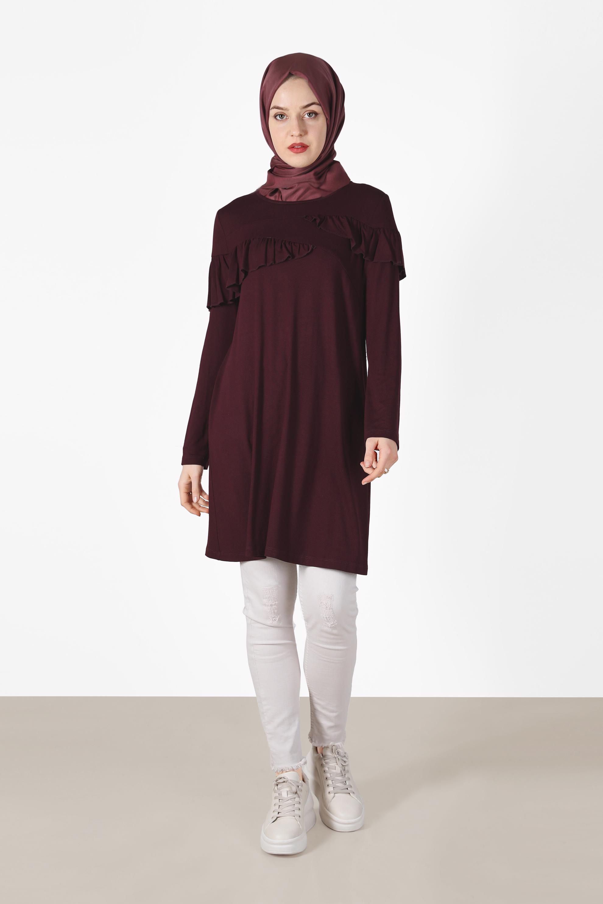 Tesettür giyim BORDO FIRFIR DETAYLI TUNİK 41231 