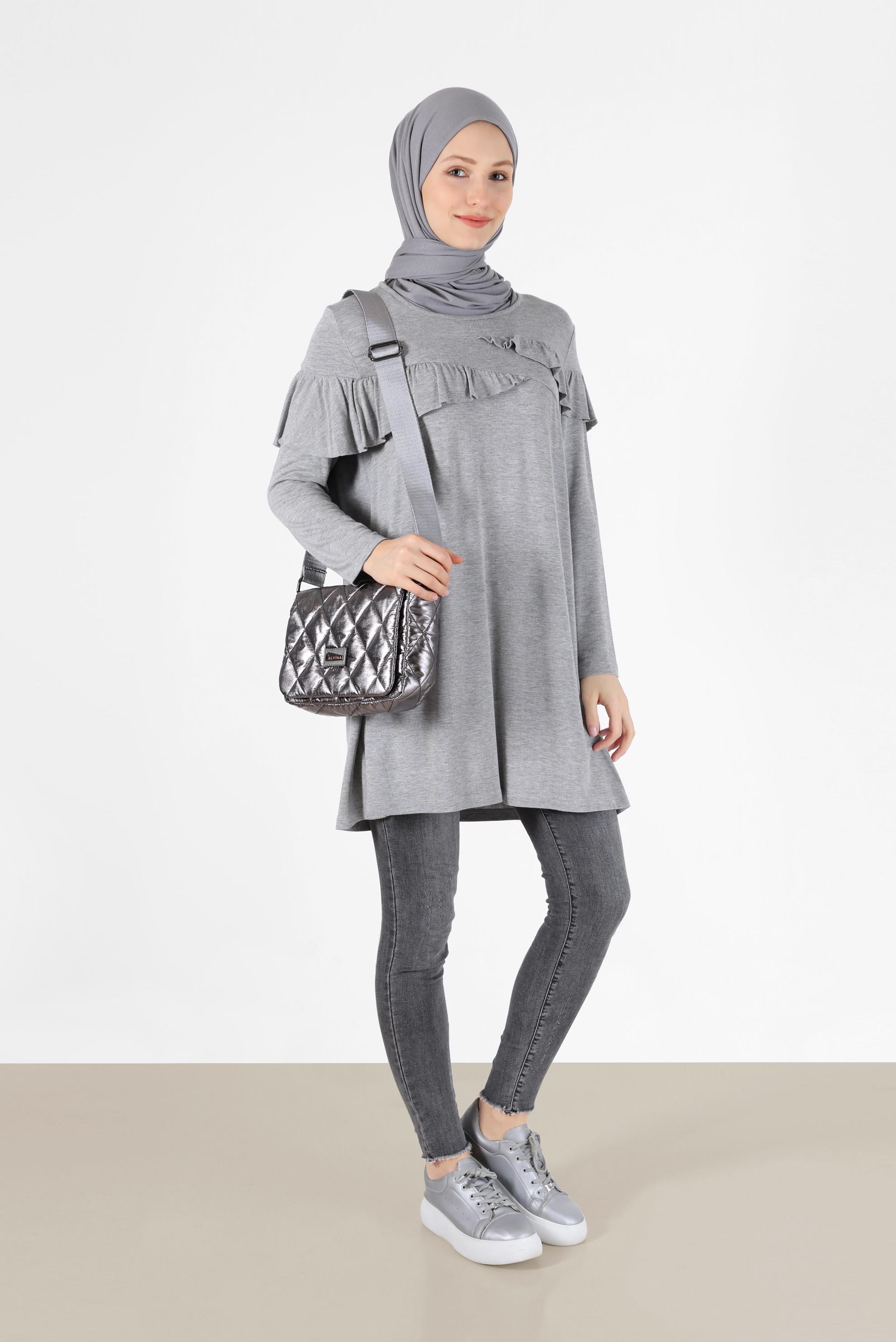 Tesettür giyim GRİ FIRFIR DETAYLI TUNİK 41231 