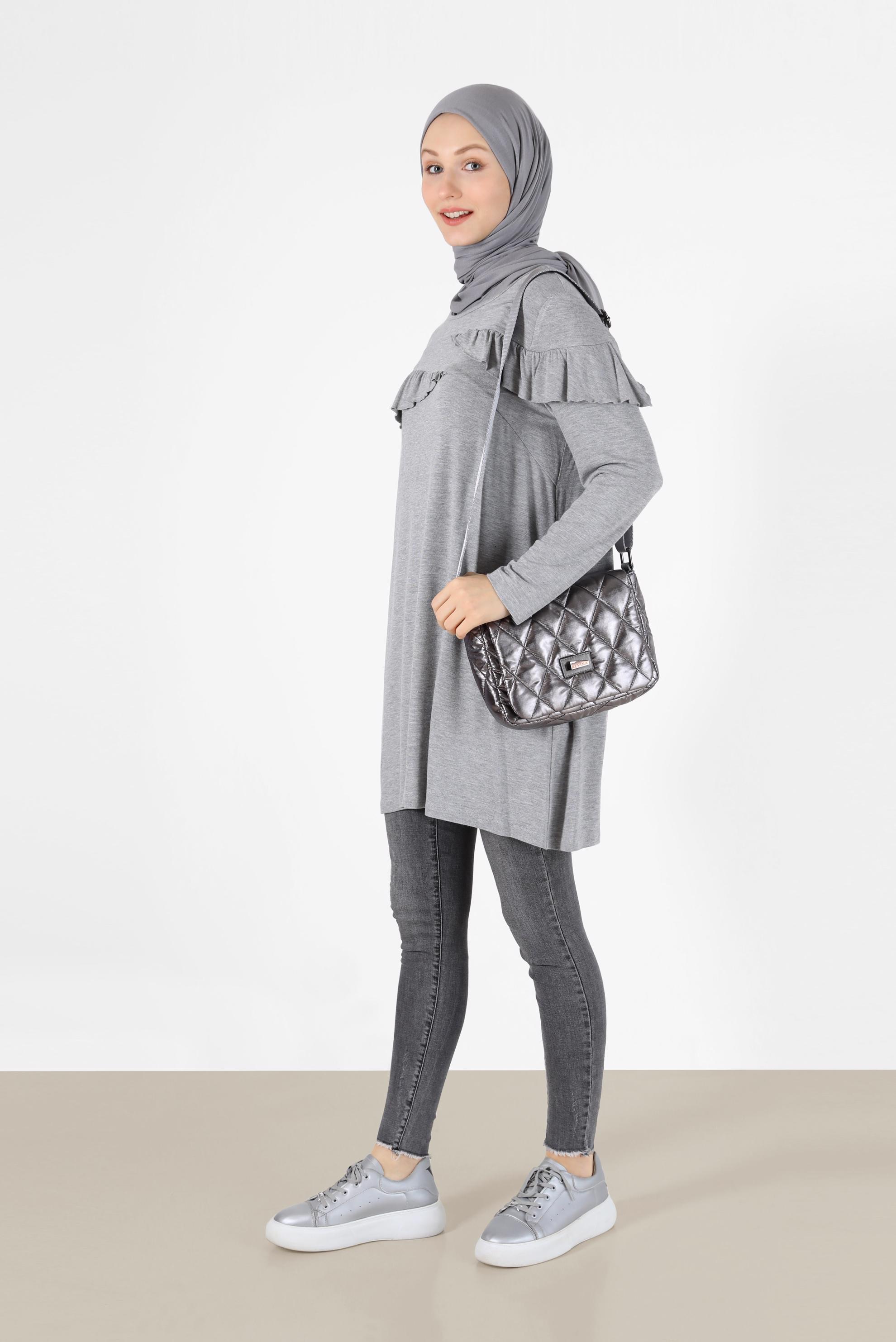 Tesettür giyim GRİ FIRFIR DETAYLI TUNİK 41231 