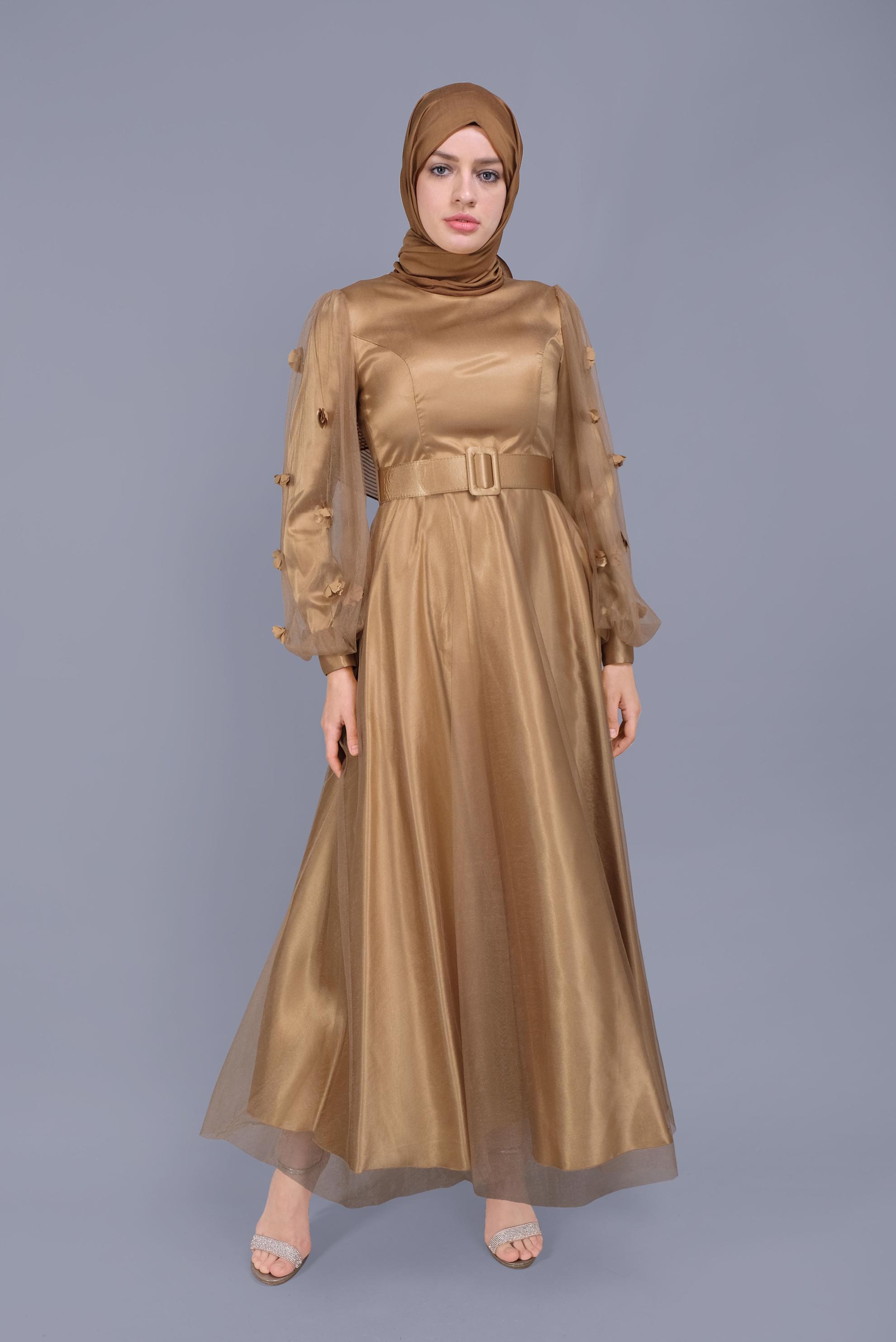Tesettür giyim BAKIR / BRONZ TÜL VE ÇİÇEK DETAYLI ABİYE ELBİSE 50001