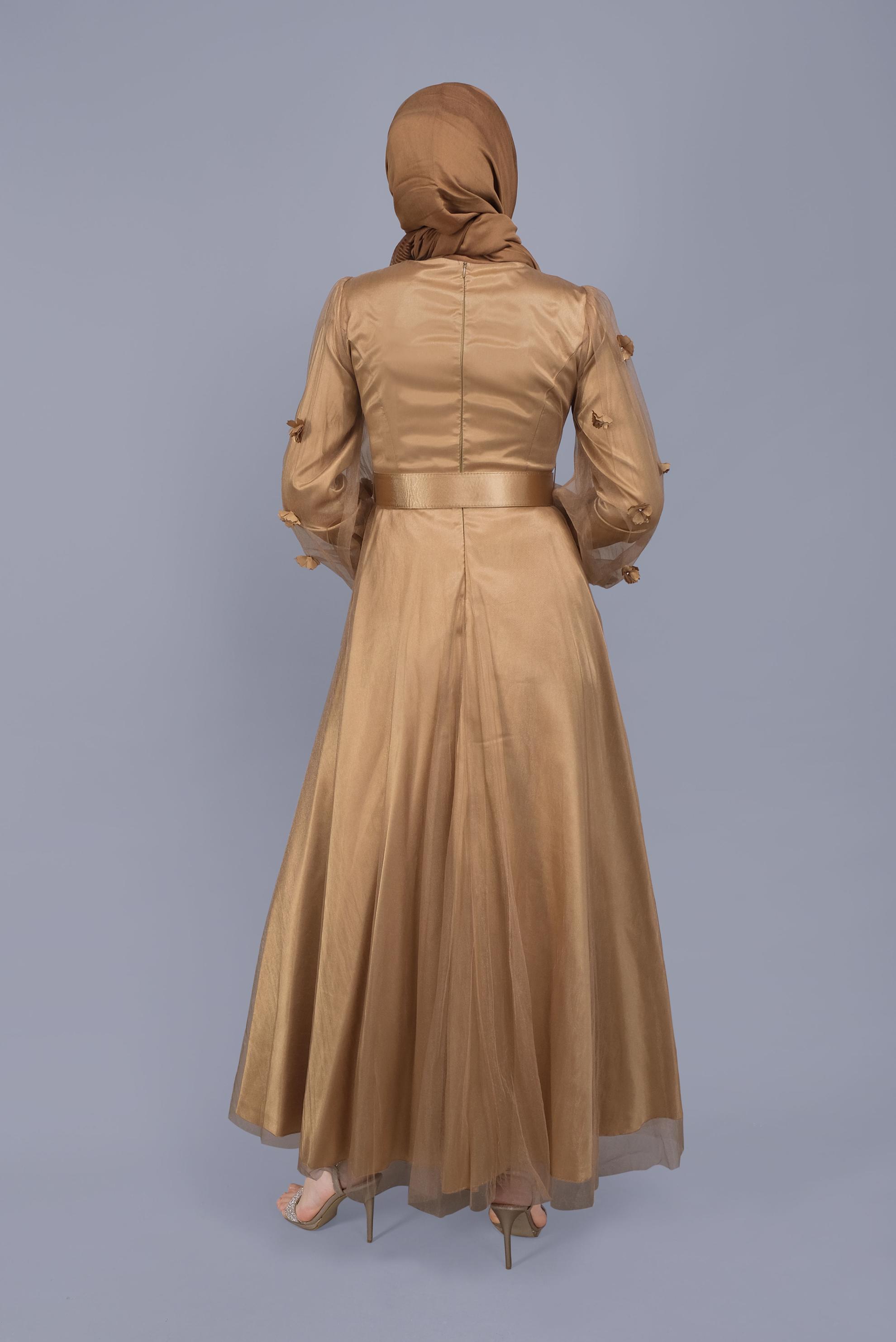 Tesettür giyim BAKIR / BRONZ TÜL VE ÇİÇEK DETAYLI ABİYE ELBİSE 50001