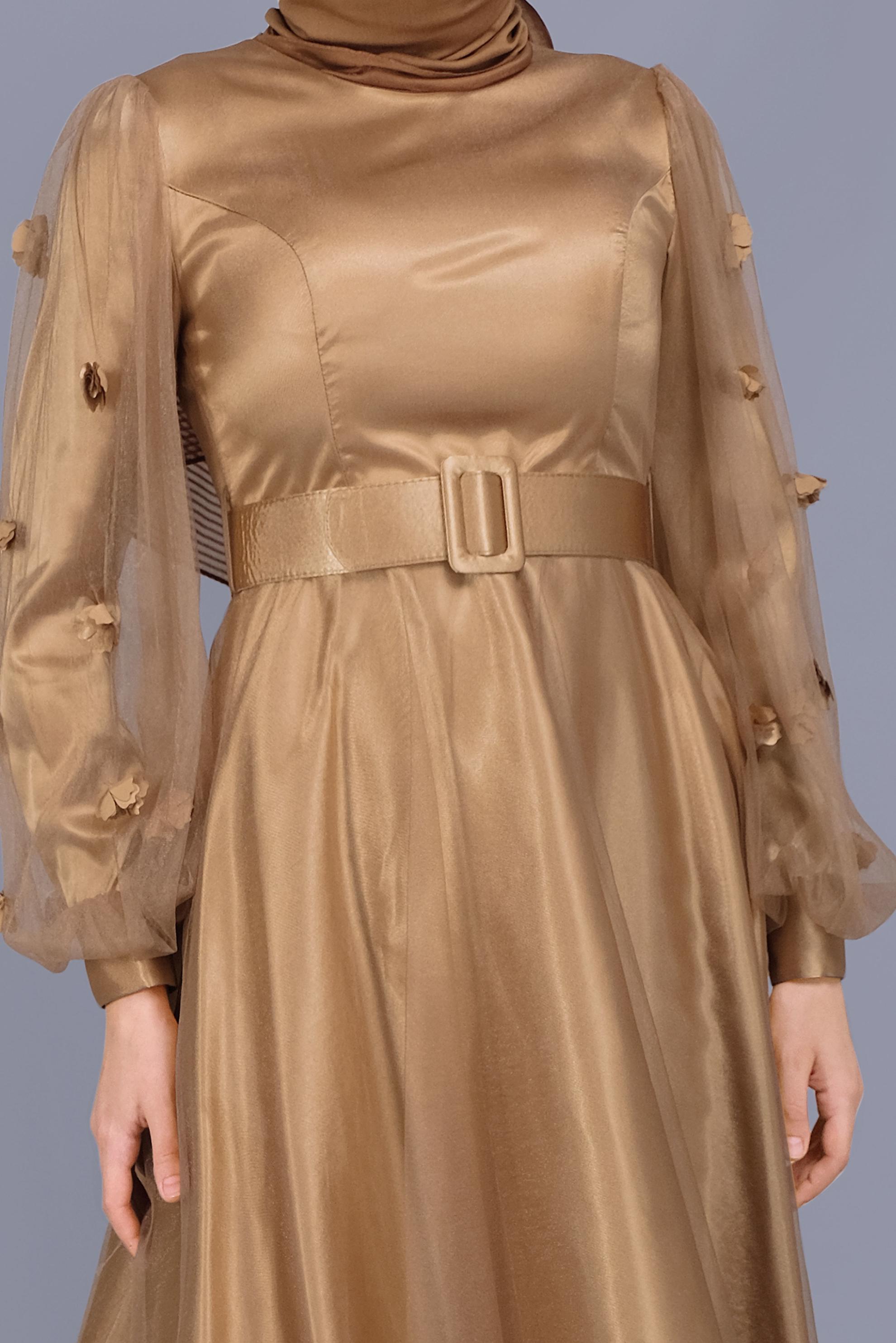 Tesettür giyim BAKIR / BRONZ TÜL VE ÇİÇEK DETAYLI ABİYE ELBİSE 50001