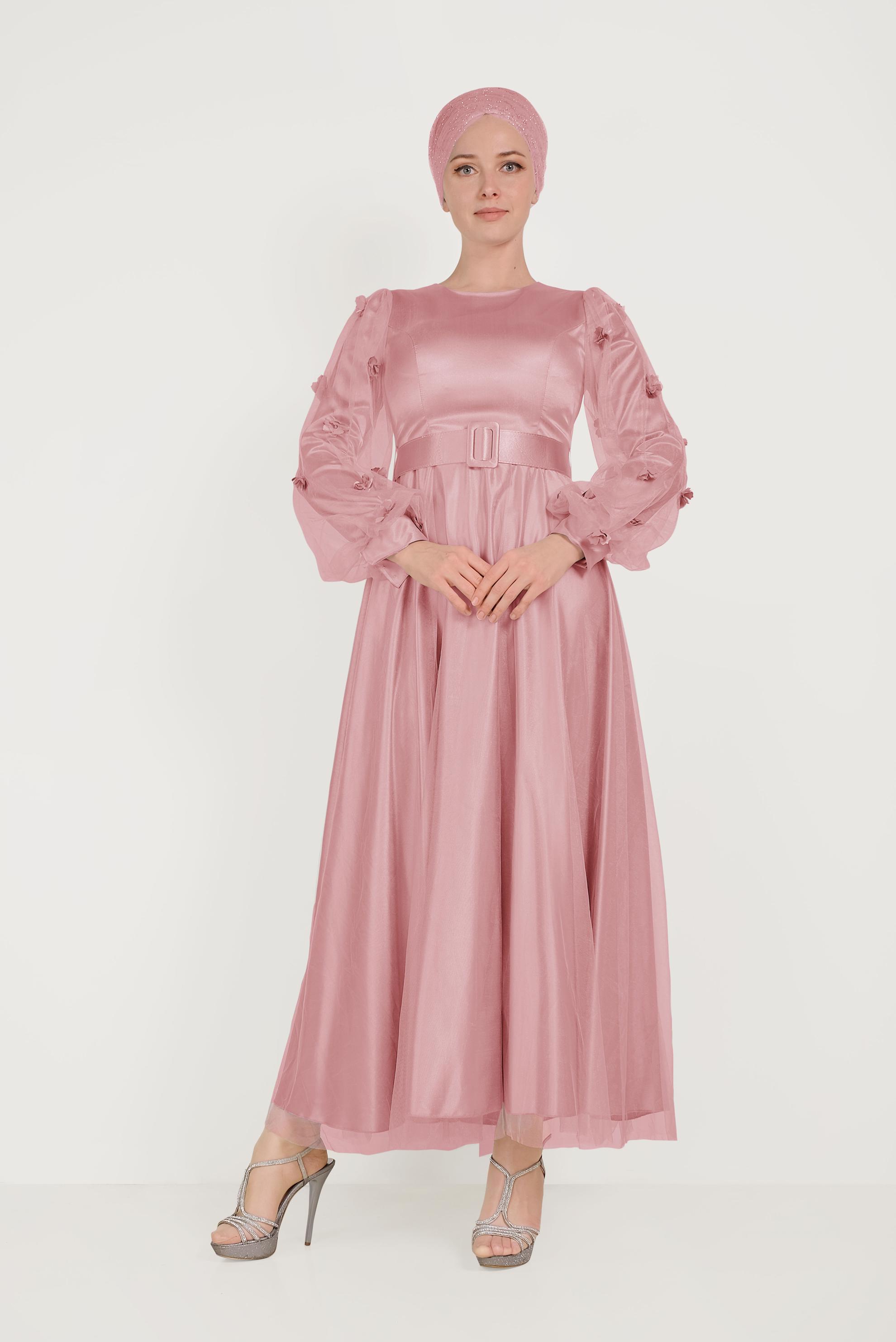 Tesettür giyim PUDRA TÜL VE ÇİÇEK DETAYLI ABİYE ELBİSE 50001