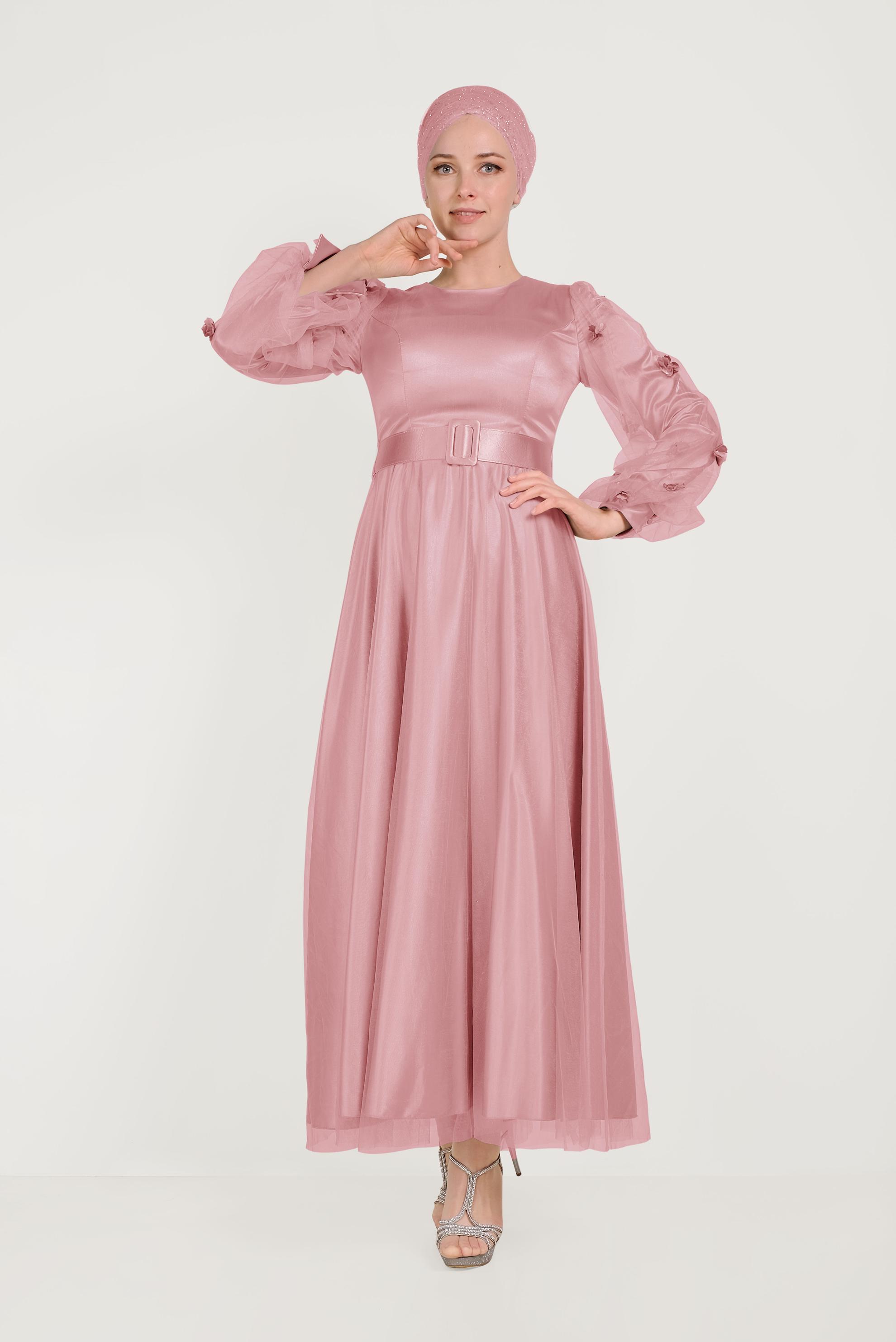 Tesettür giyim PUDRA TÜL VE ÇİÇEK DETAYLI ABİYE ELBİSE 50001