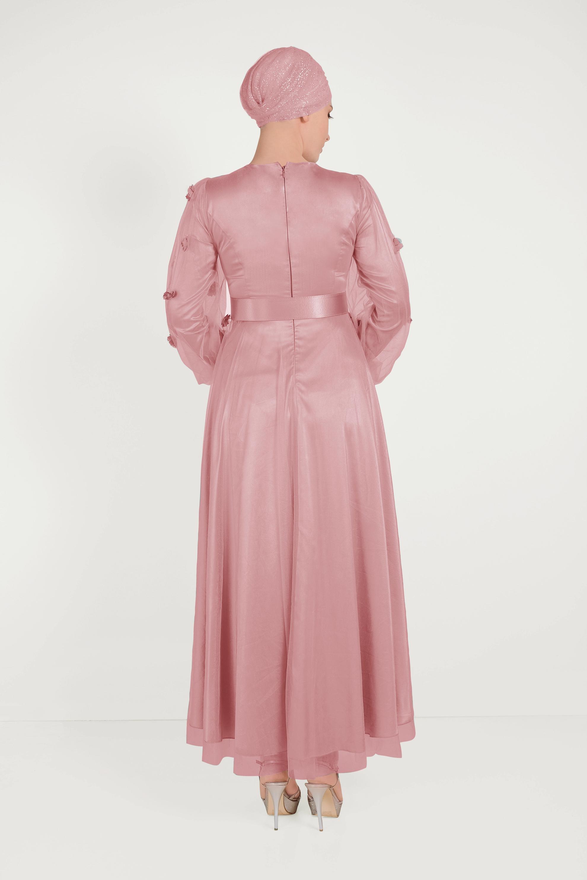 Tesettür giyim PUDRA TÜL VE ÇİÇEK DETAYLI ABİYE ELBİSE 50001