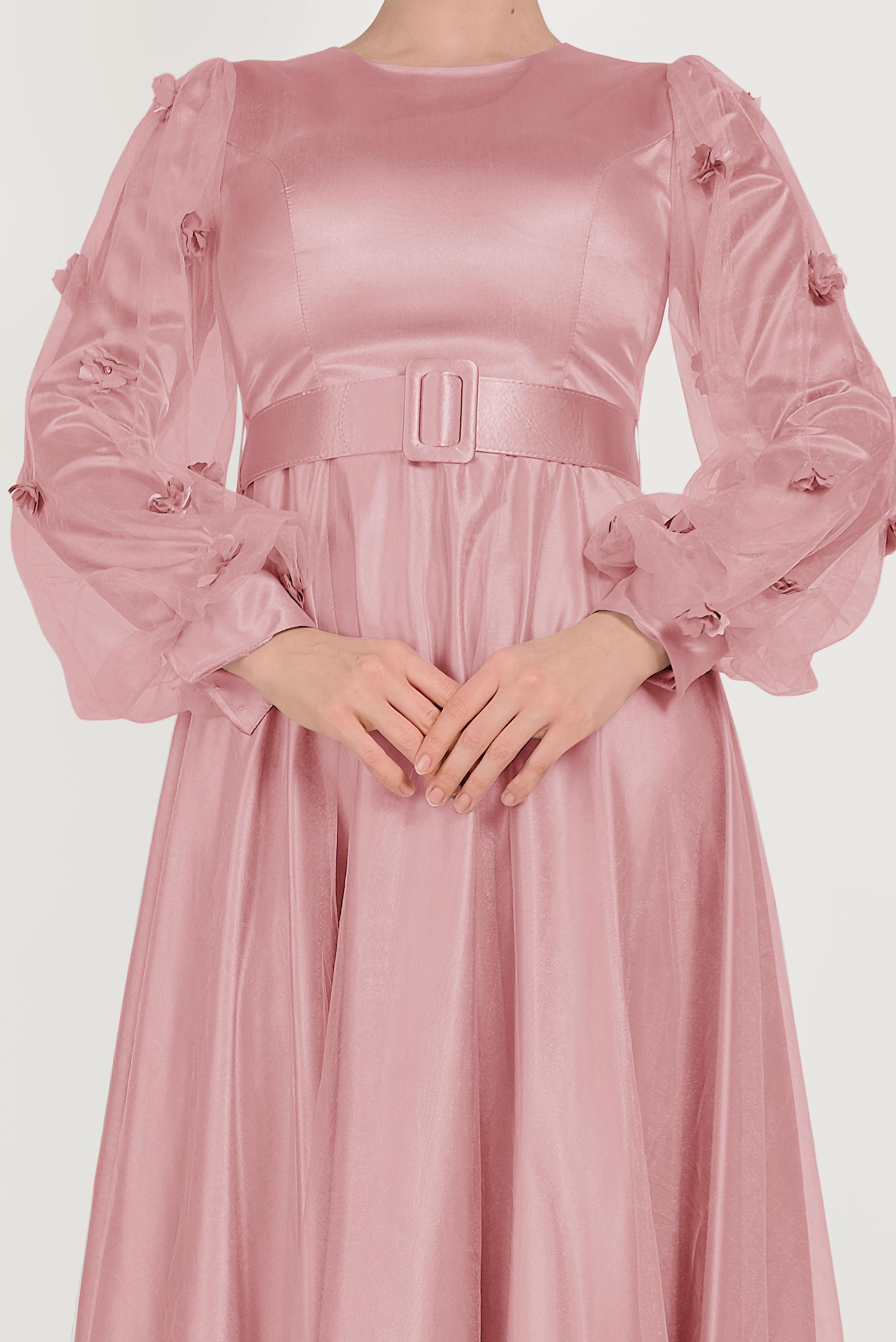 Tesettür giyim PUDRA TÜL VE ÇİÇEK DETAYLI ABİYE ELBİSE 50001