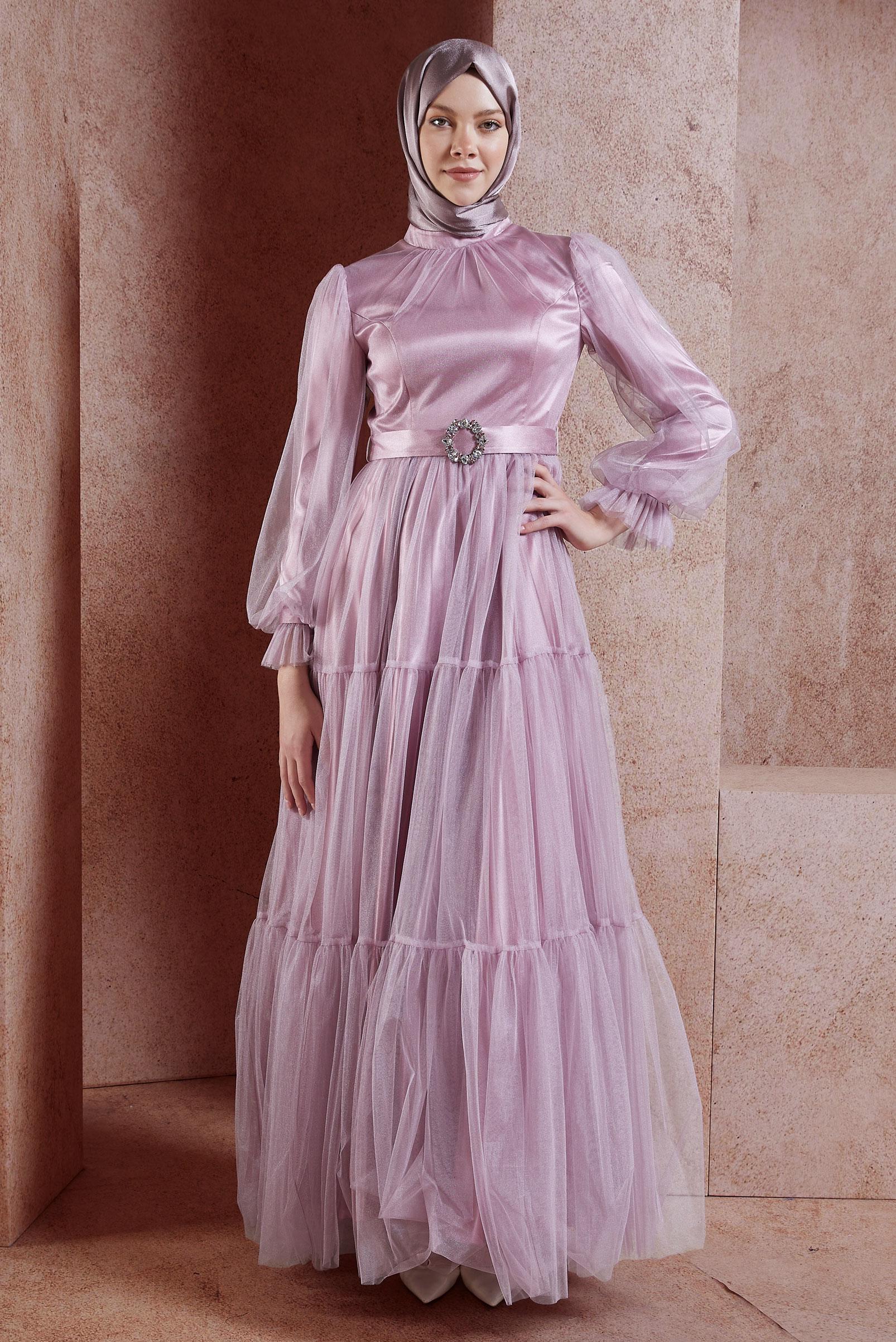 Tesettür giyim MOR SATEN ABİYE ELBİSE 50005