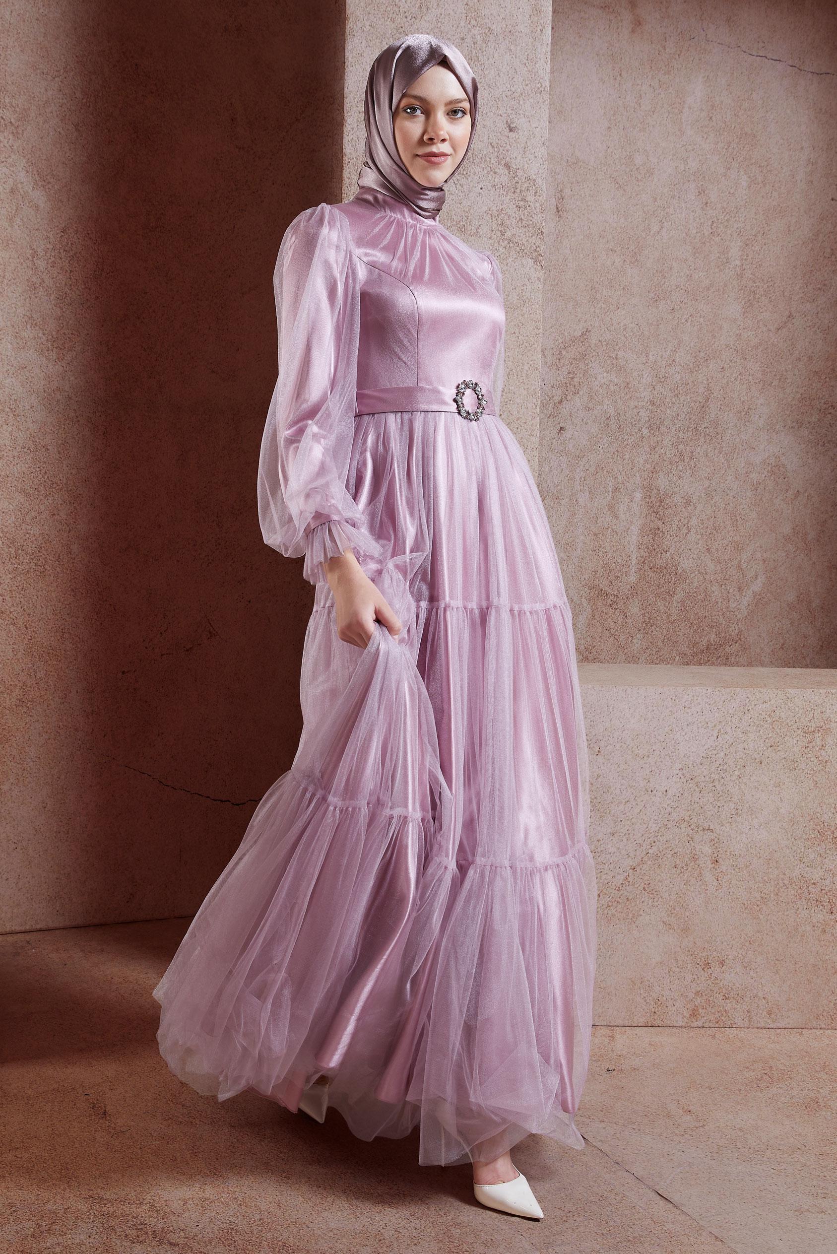 Tesettür giyim MOR SATEN ABİYE ELBİSE 50005