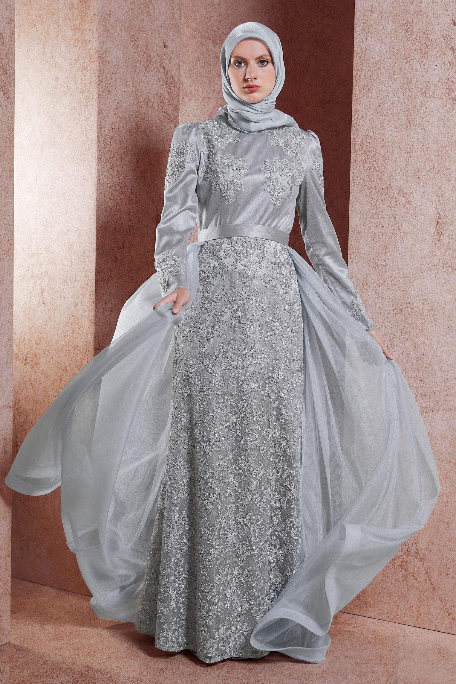 Tesettür giyim GRİ GÜPÜR DETAYLI ABİYE ELBİSE 50010