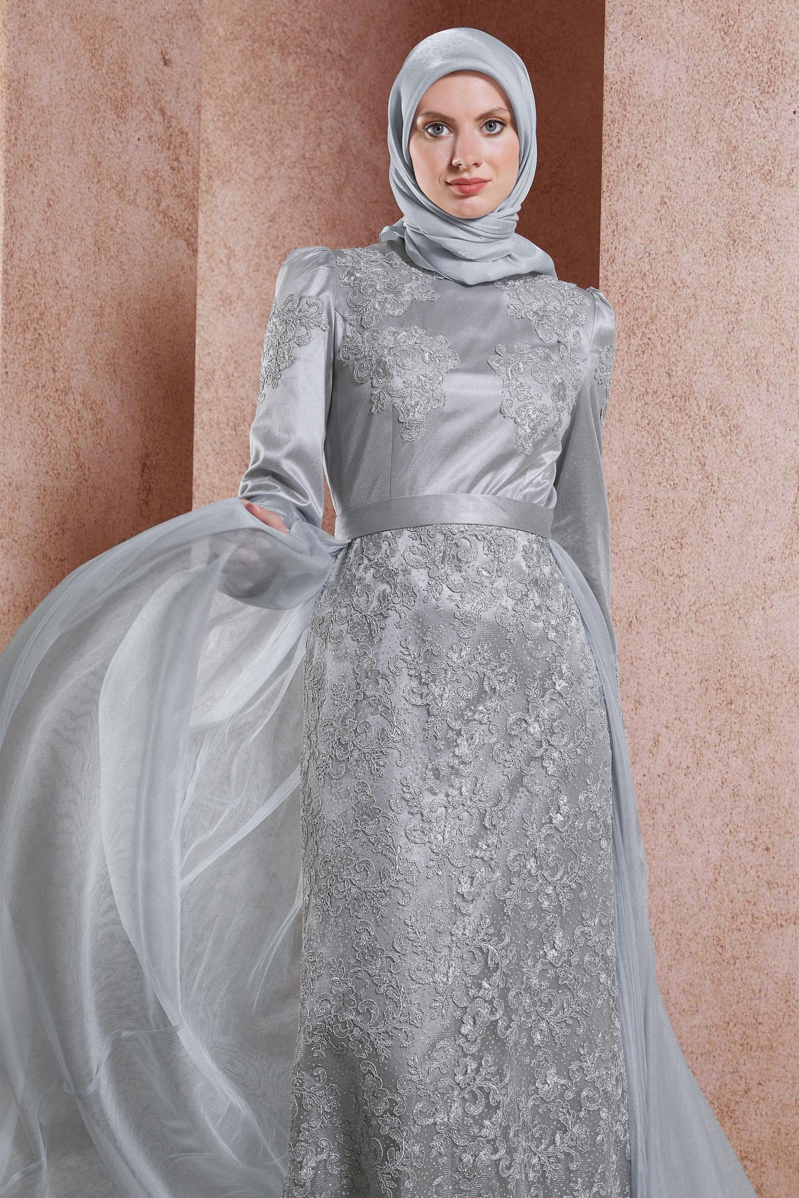 Tesettür giyim GRİ GÜPÜR DETAYLI ABİYE ELBİSE 50010