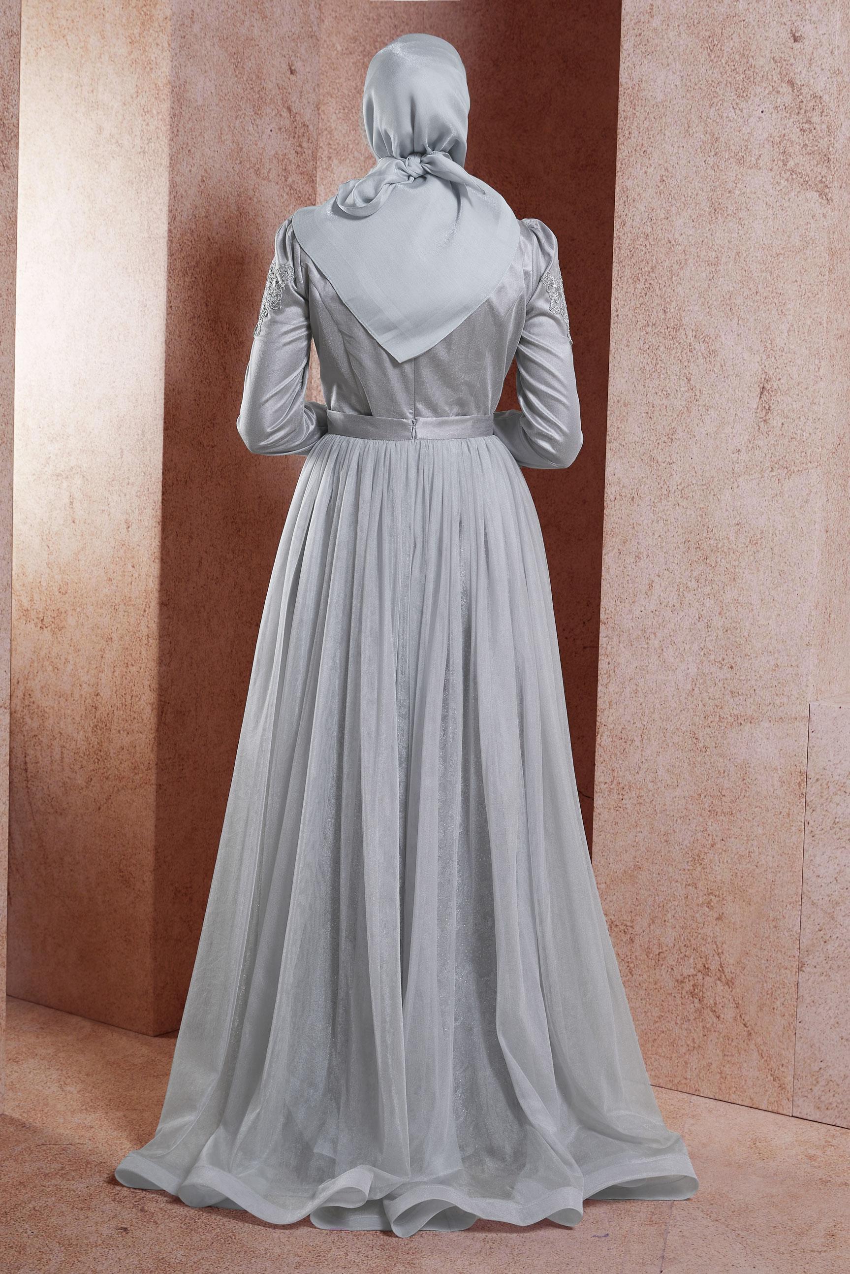 Tesettür giyim GRİ GÜPÜR DETAYLI ABİYE ELBİSE 50010