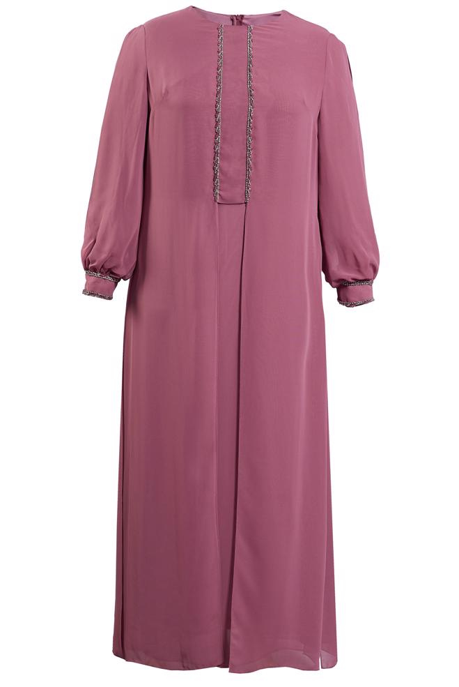 Tesettür giyim PEMBE ŞİFON ABİYE ELBİSE 50011 - ALVİNA