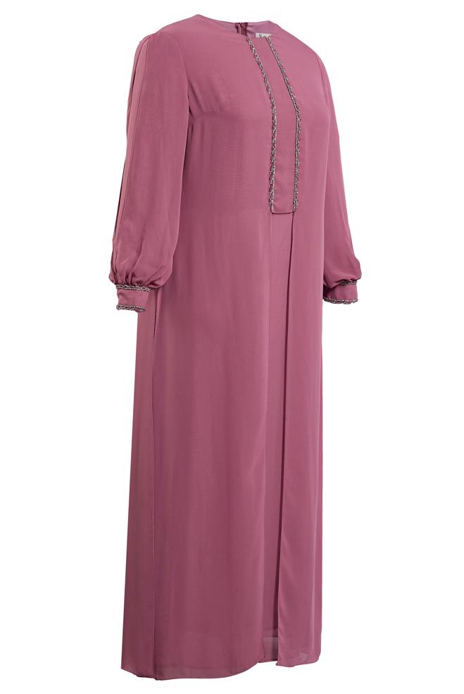 Tesettür giyim PEMBE ŞİFON ABİYE ELBİSE 50011 - ALVİNA