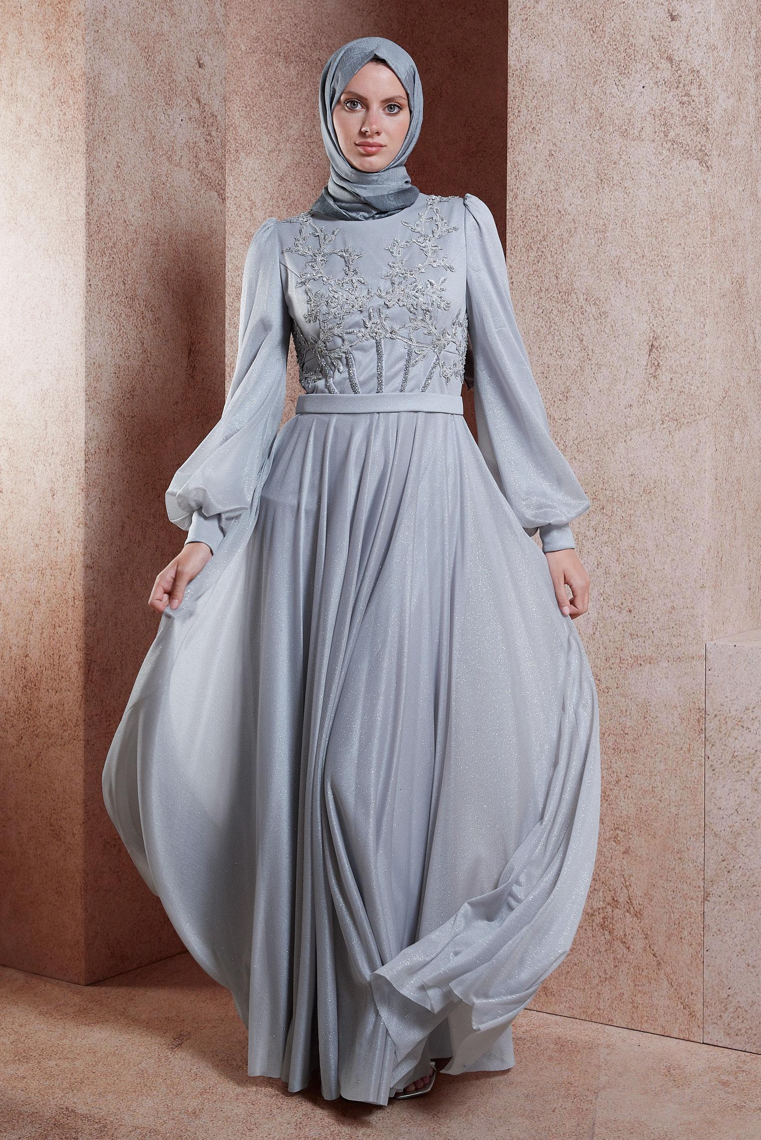 Tesettür giyim GRİ GÜPÜRLÜ SİMLİ ABİYE ELBİSE 50013