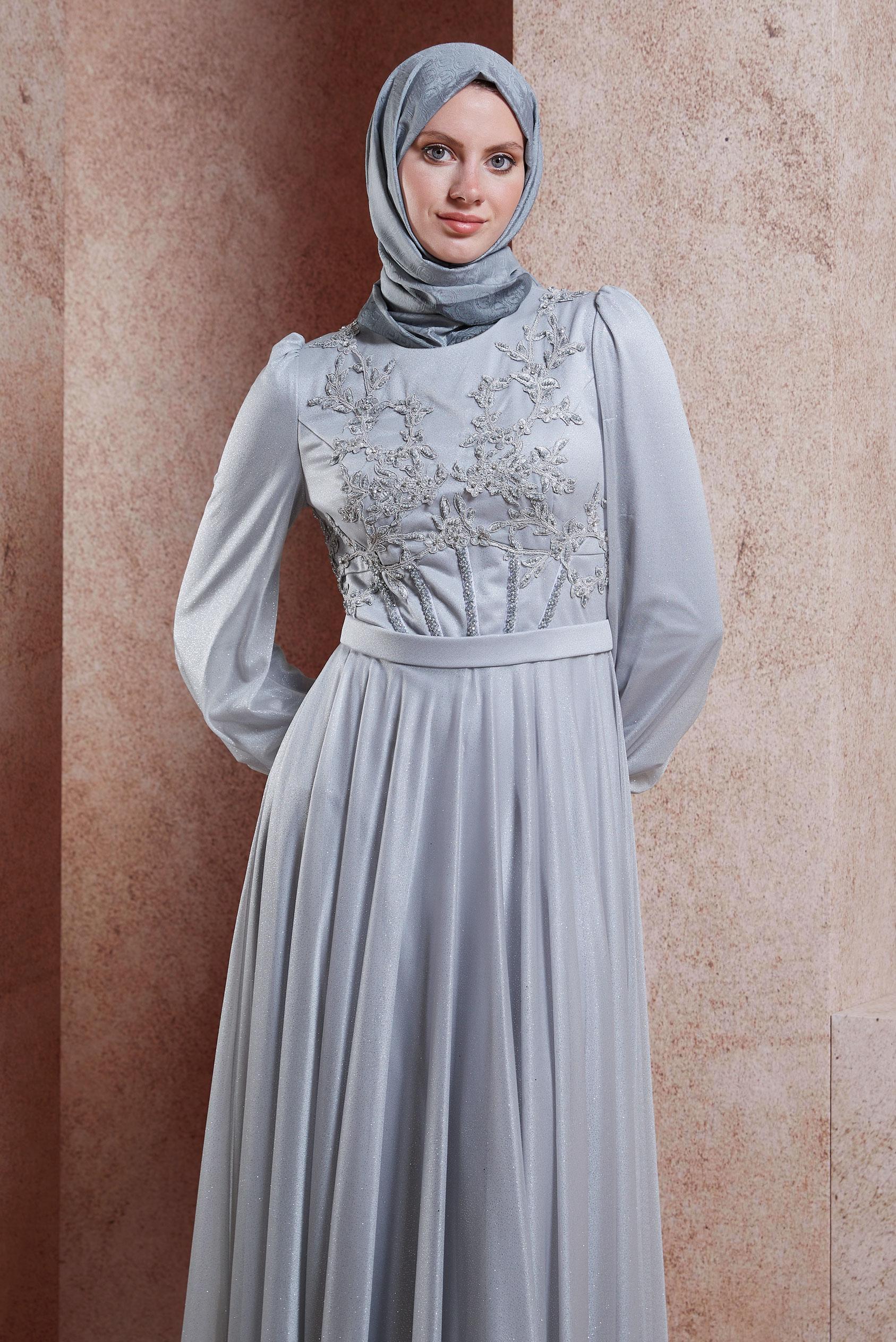 Tesettür giyim GRİ GÜPÜRLÜ SİMLİ ABİYE ELBİSE 50013
