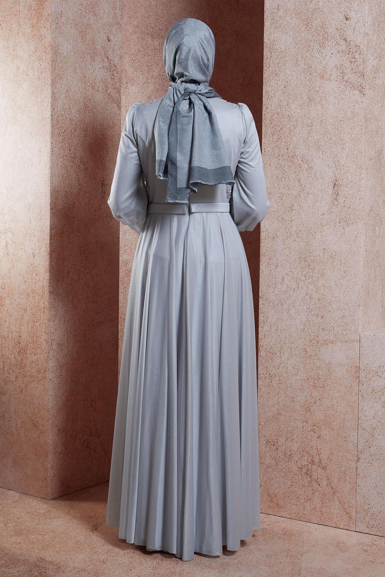 Tesettür giyim GRİ GÜPÜRLÜ SİMLİ ABİYE ELBİSE 50013