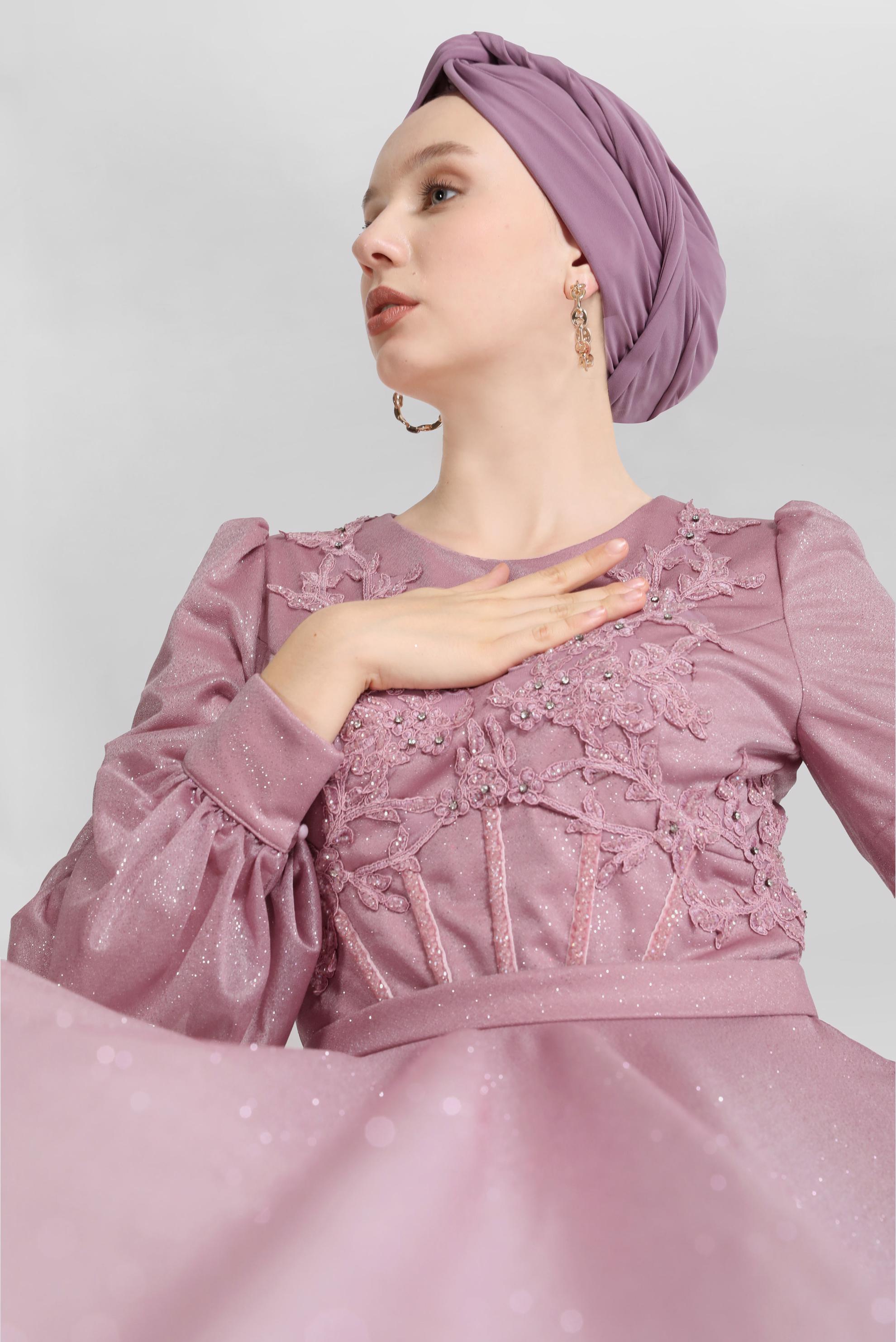 Tesettür giyim PEMBE GÜPÜRLÜ SİMLİ ABİYE ELBİSE 50013