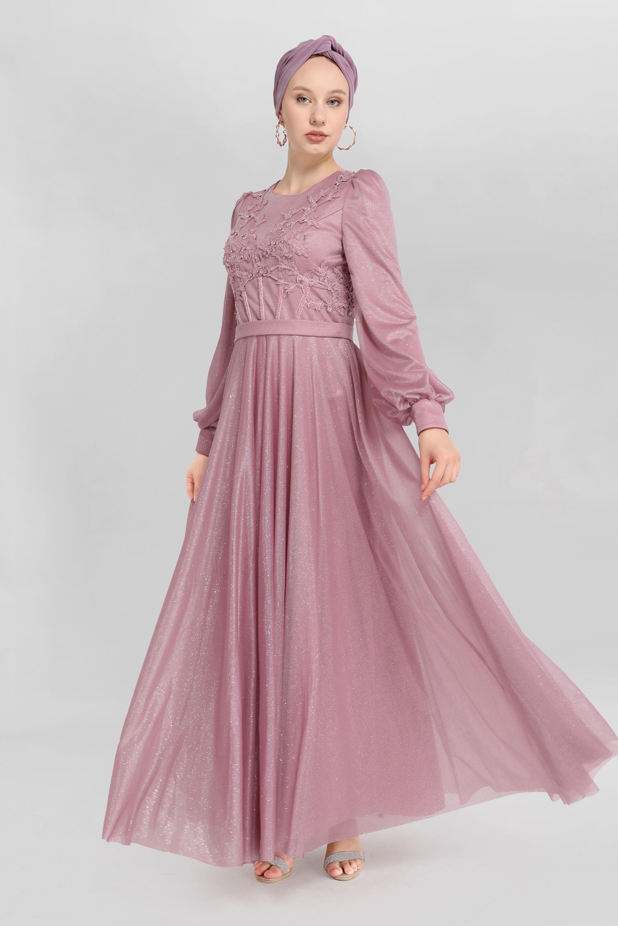 Tesettür giyim PEMBE GÜPÜRLÜ SİMLİ ABİYE ELBİSE 50013