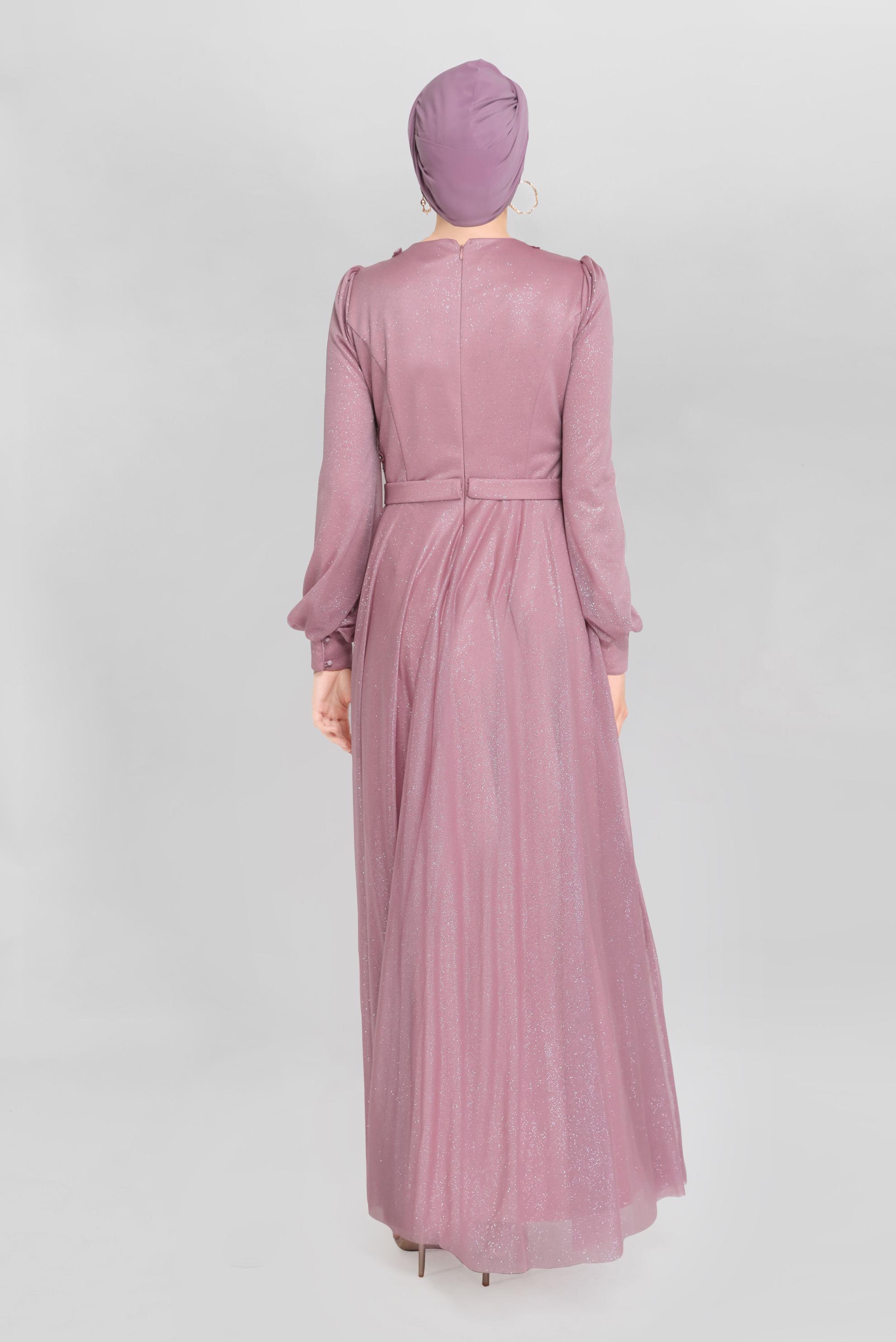 Tesettür giyim PEMBE GÜPÜRLÜ SİMLİ ABİYE ELBİSE 50013