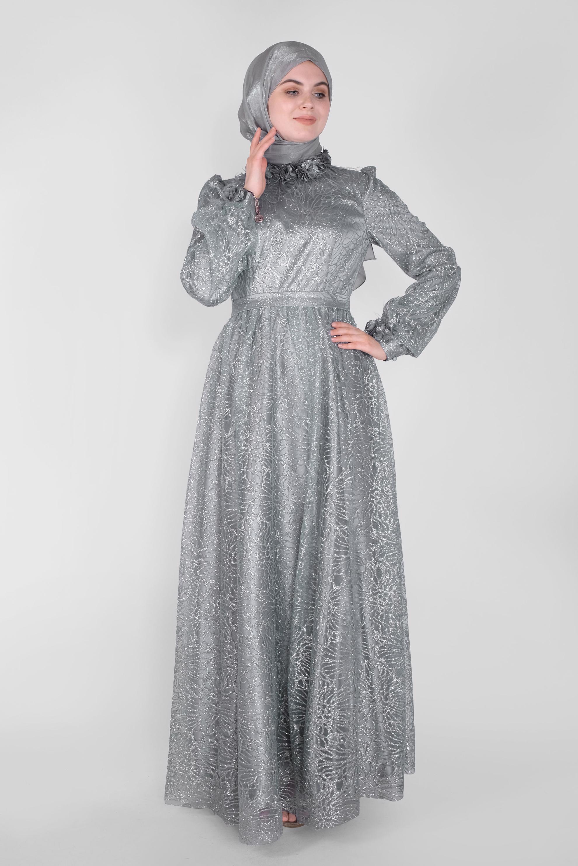 Tesettür giyim MAVİ SİMLİ ÜÇ BOYUTLU ÇİÇEKLİ ABİYE ELBİSE  50015