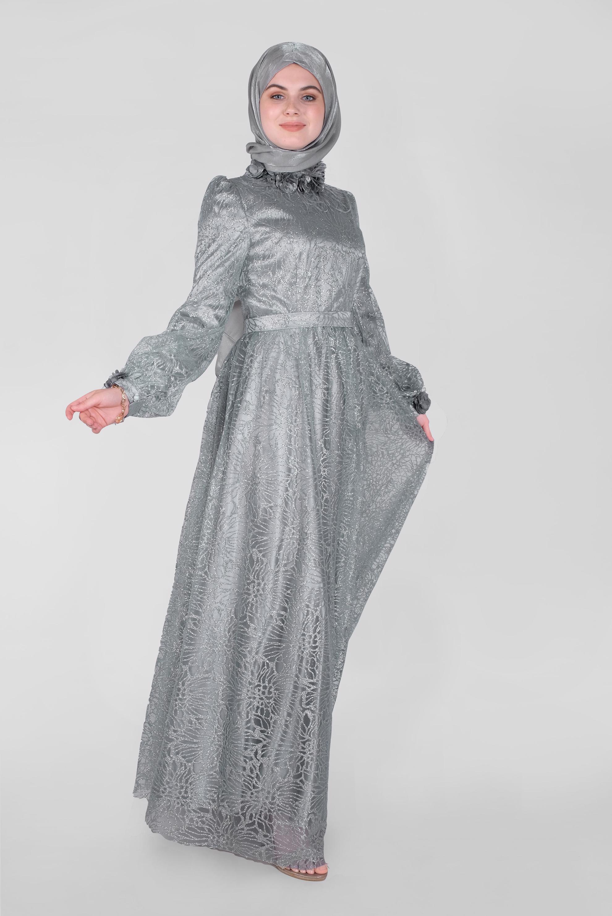 Tesettür giyim MAVİ SİMLİ ÜÇ BOYUTLU ÇİÇEKLİ ABİYE ELBİSE  50015