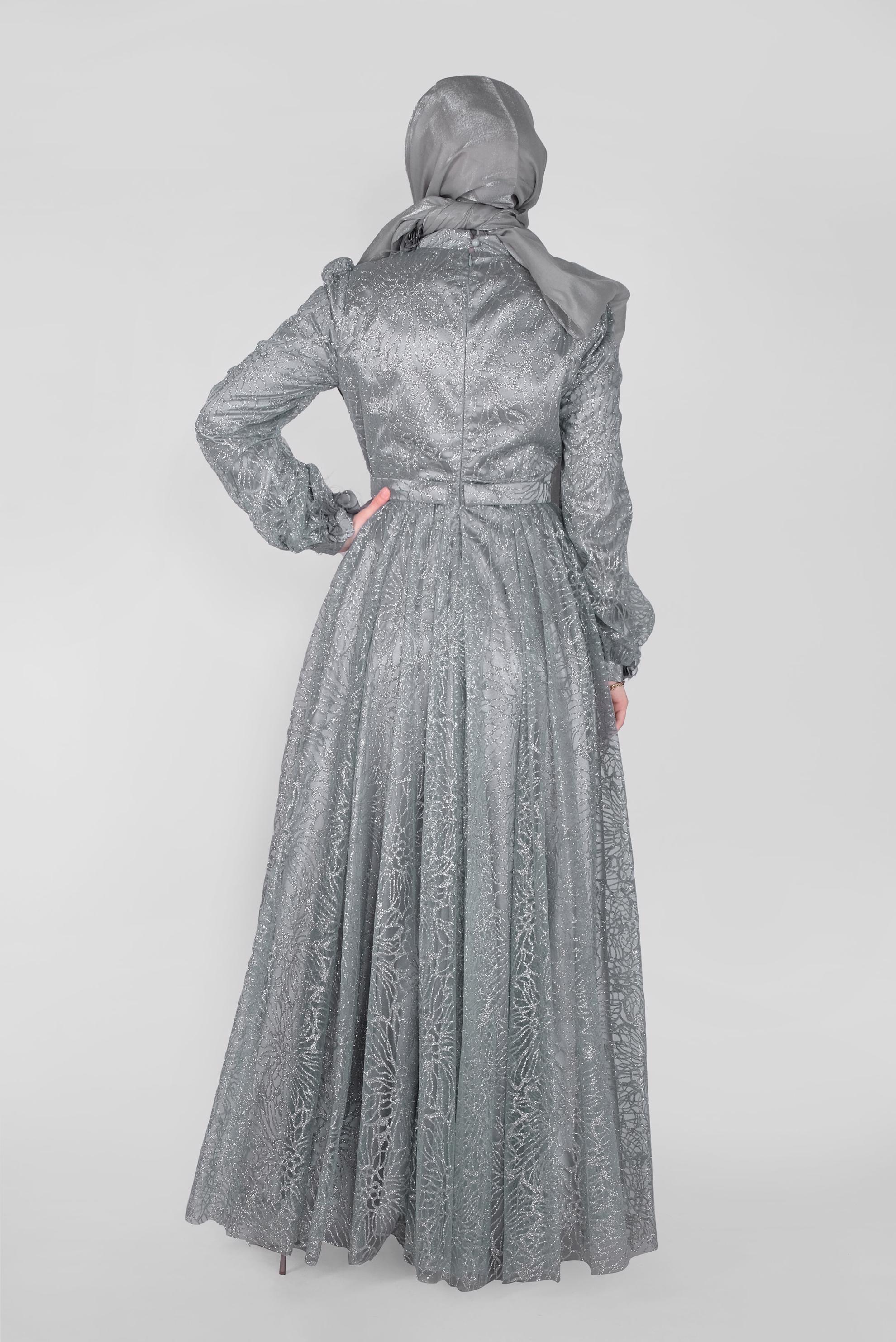 Tesettür giyim MAVİ SİMLİ ÜÇ BOYUTLU ÇİÇEKLİ ABİYE ELBİSE  50015