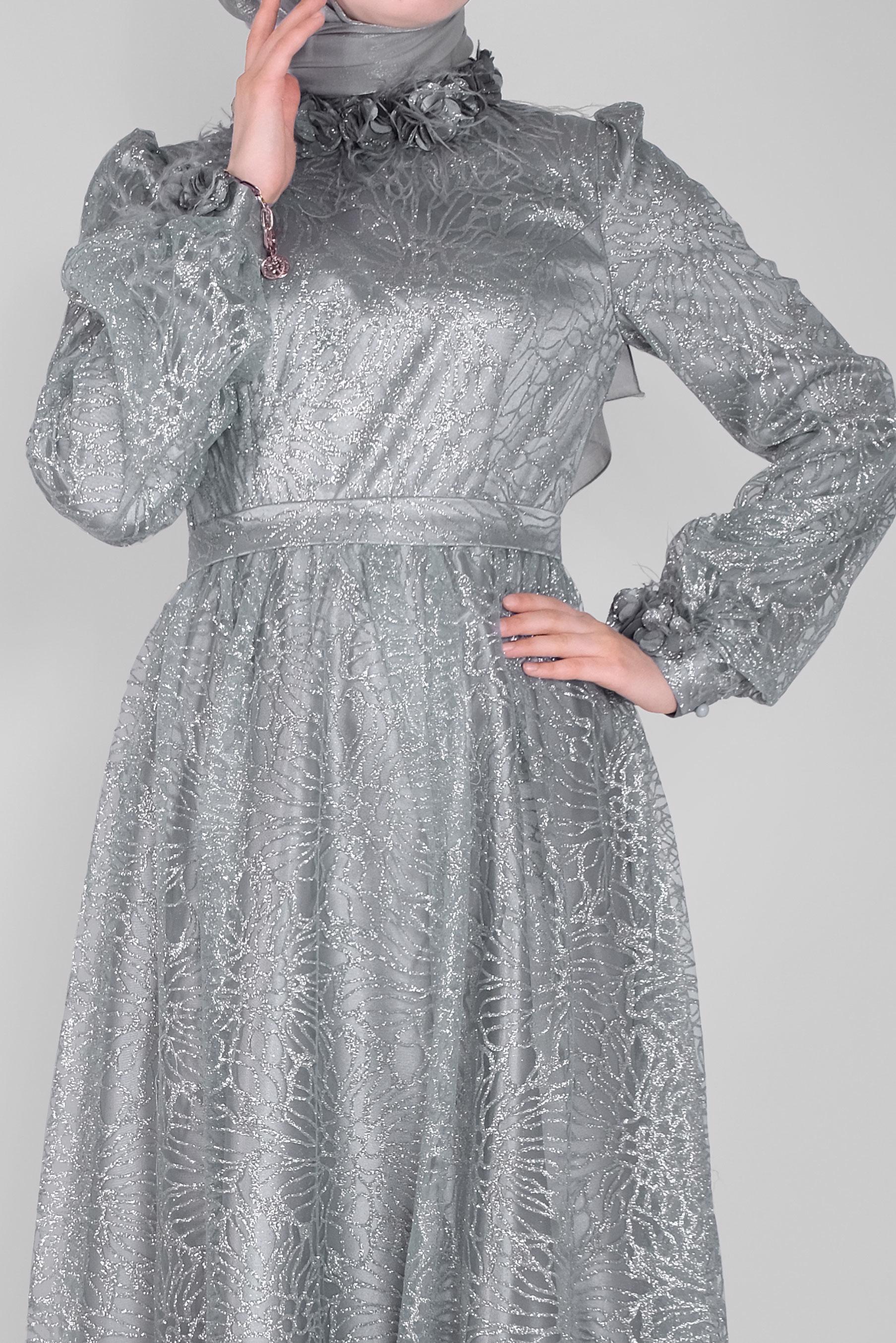 Tesettür giyim MAVİ SİMLİ ÜÇ BOYUTLU ÇİÇEKLİ ABİYE ELBİSE  50015