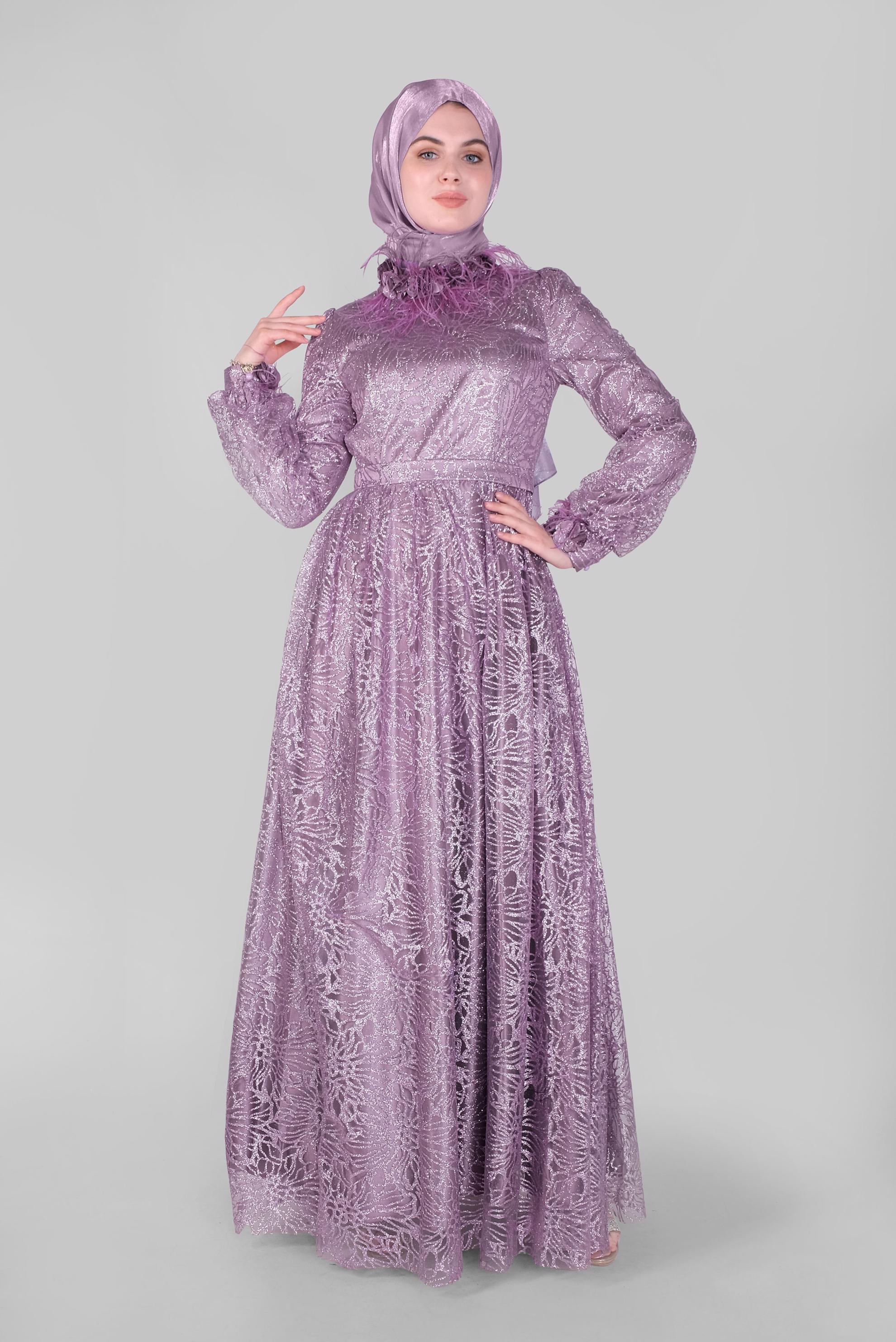 Tesettür giyim MOR SİMLİ ÜÇ BOYUTLU ÇİÇEKLİ ABİYE ELBİSE  50015