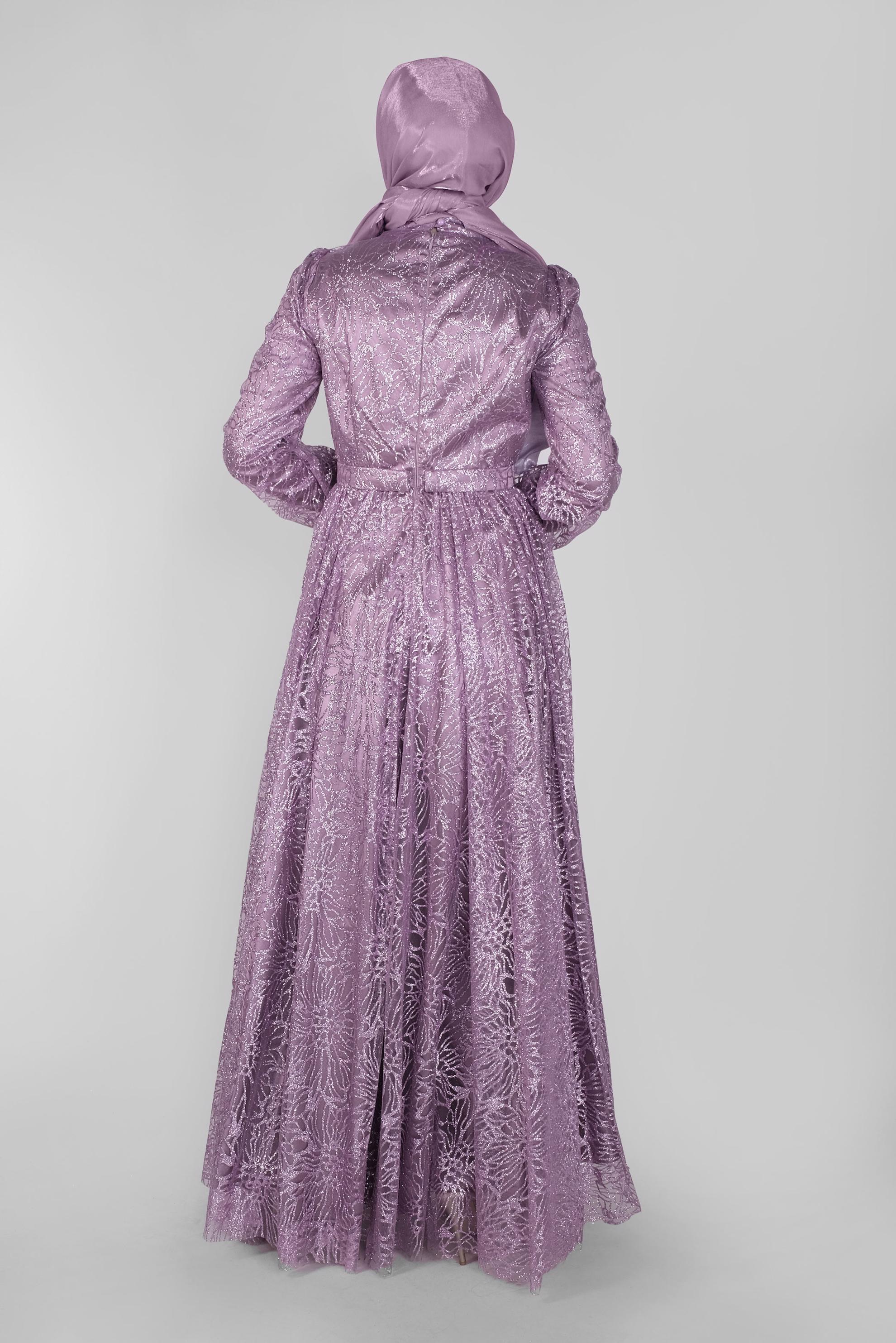 Tesettür giyim MOR SİMLİ ÜÇ BOYUTLU ÇİÇEKLİ ABİYE ELBİSE  50015