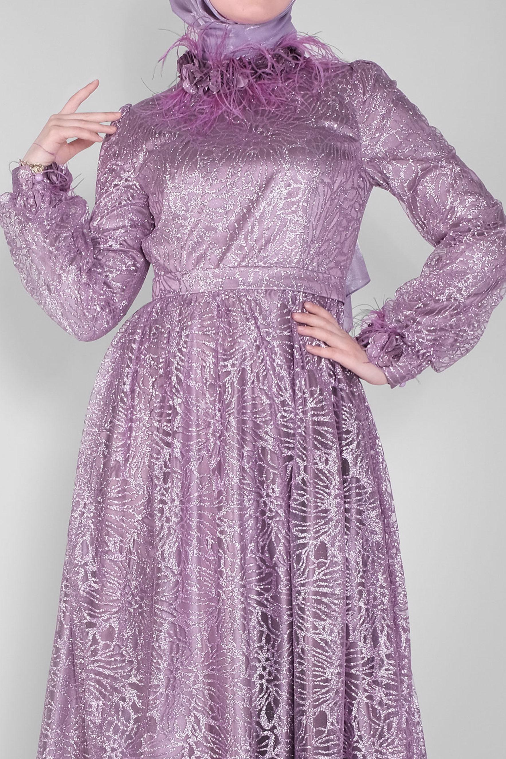 Tesettür giyim MOR SİMLİ ÜÇ BOYUTLU ÇİÇEKLİ ABİYE ELBİSE  50015